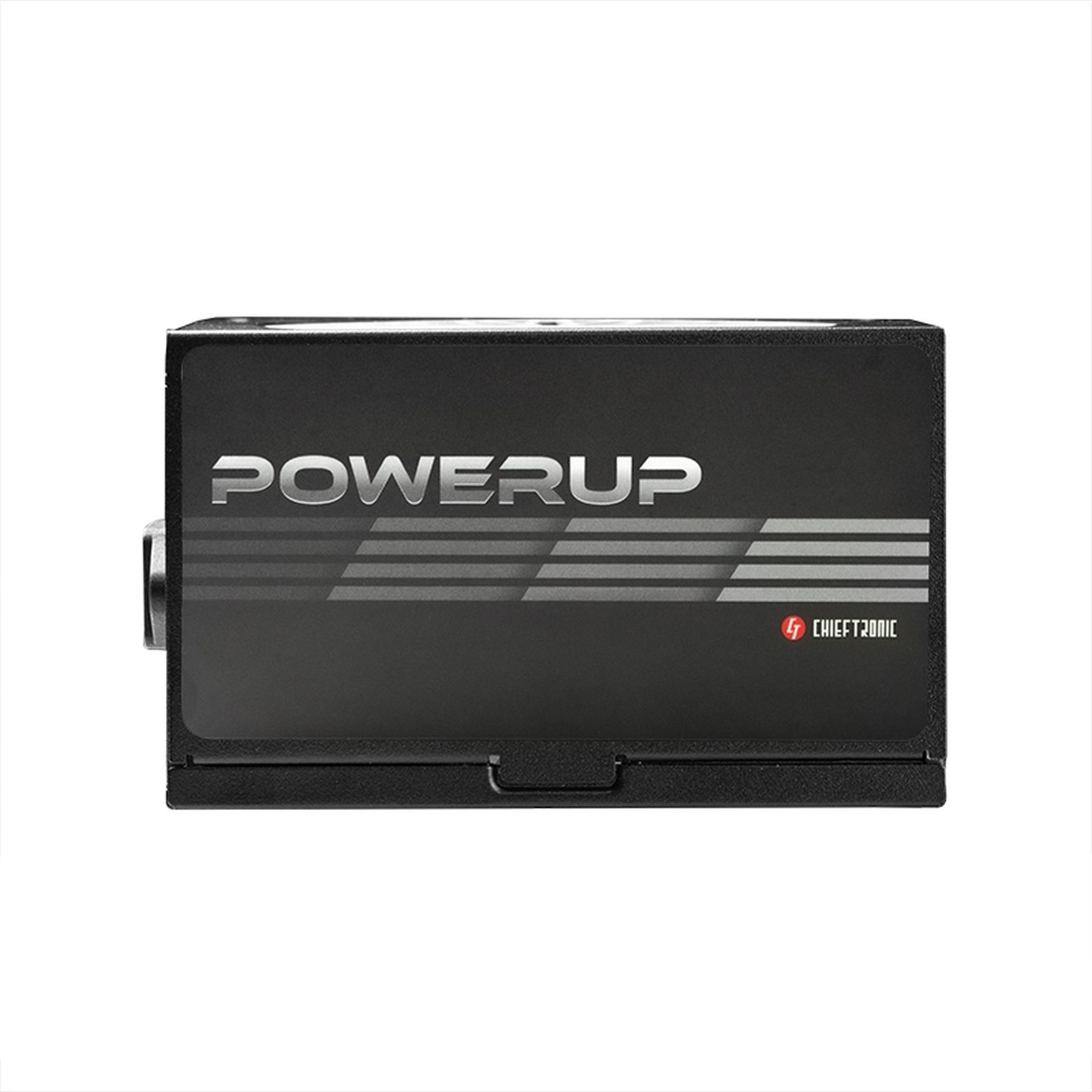 Zwarte Chieftronic Powerup computer voeding eenheid op een witte achtergrond.