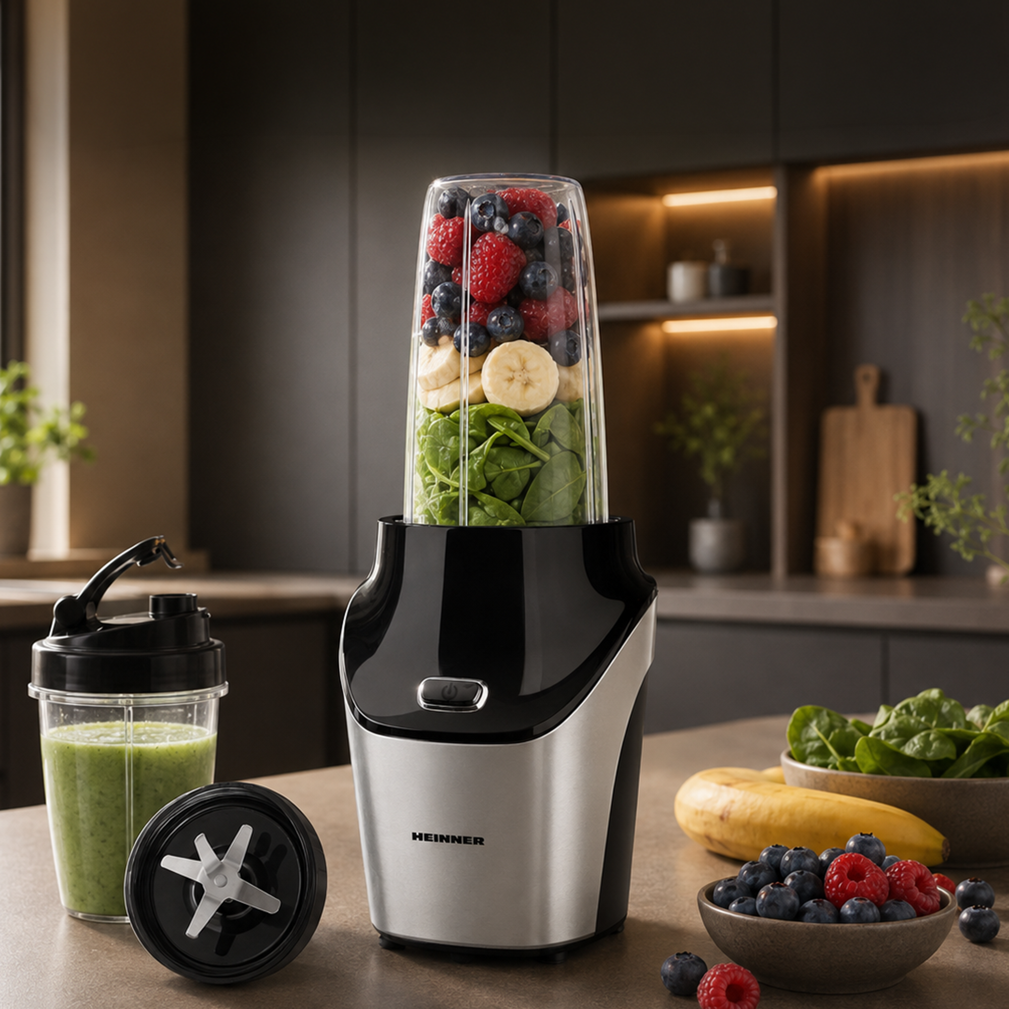 Ein Heinner Standmixer auf einerKüchentheke, gefüllt mit grünem Blattgemüse, Bananenscheiben, Himbeeren und Blaubeeren.