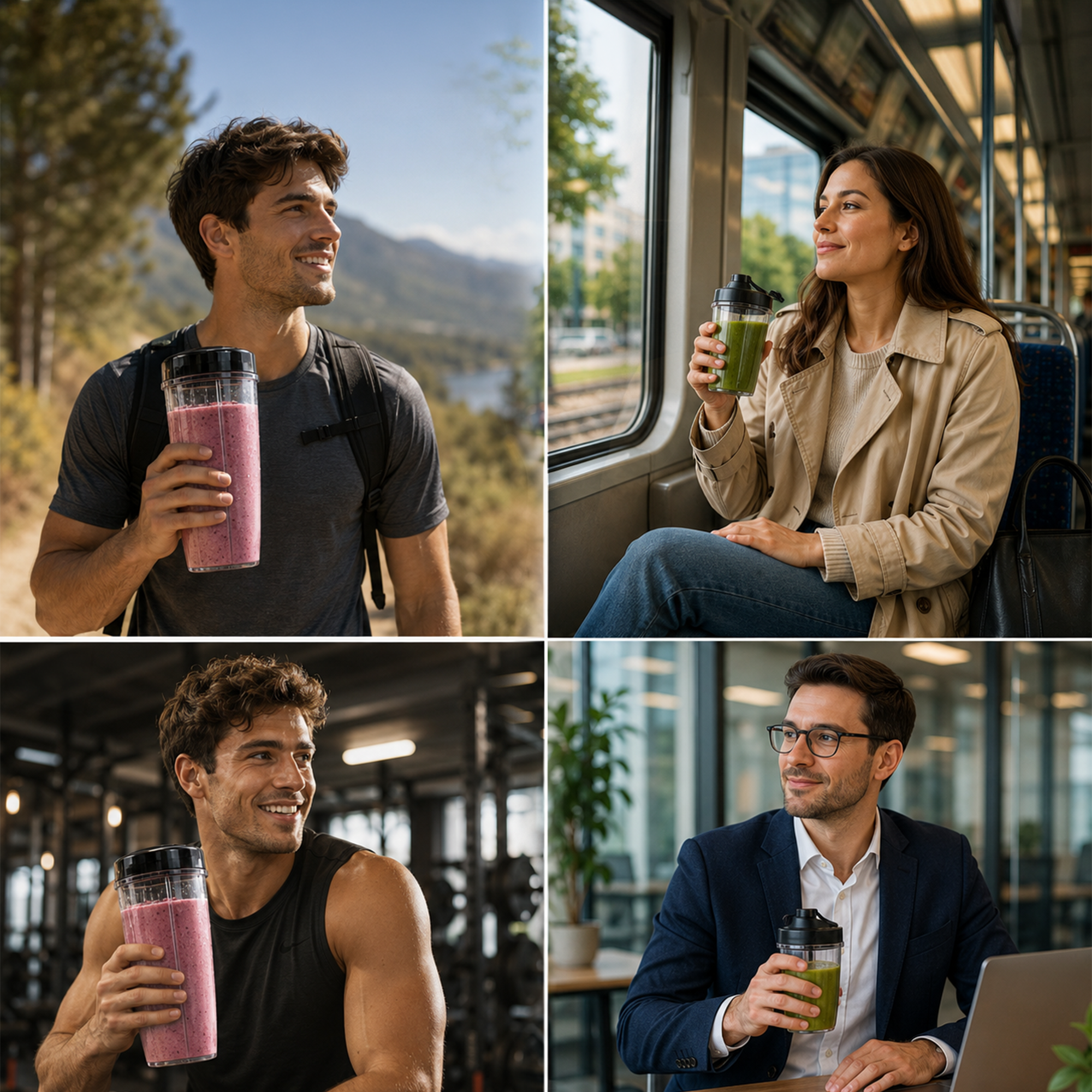 Vier Bilder von Personen, die in verschiedenen Umgebungen Smoothies trinken: Natur, Zug, Fitnessstudio und Büro.