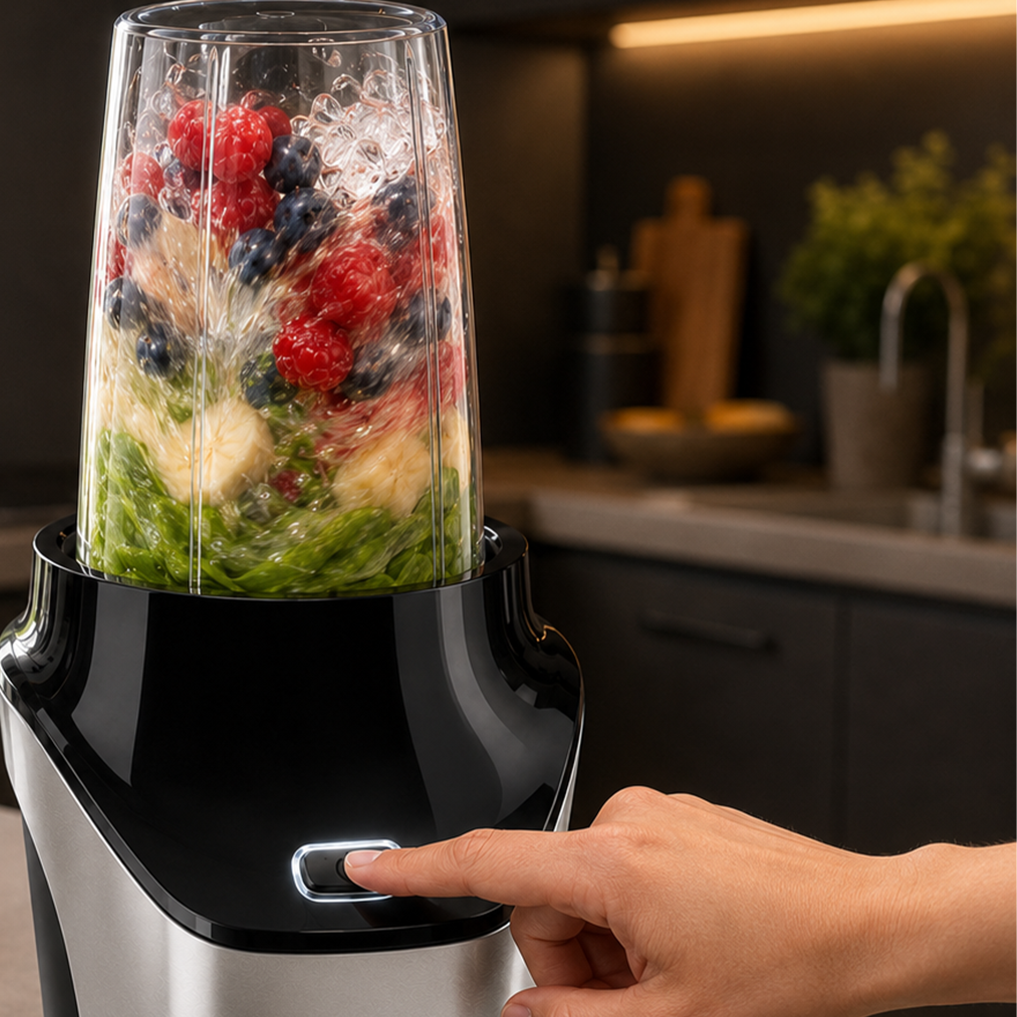 Hand drückt Startknopf eines Mixers mit frischem Obst und Gemüse.