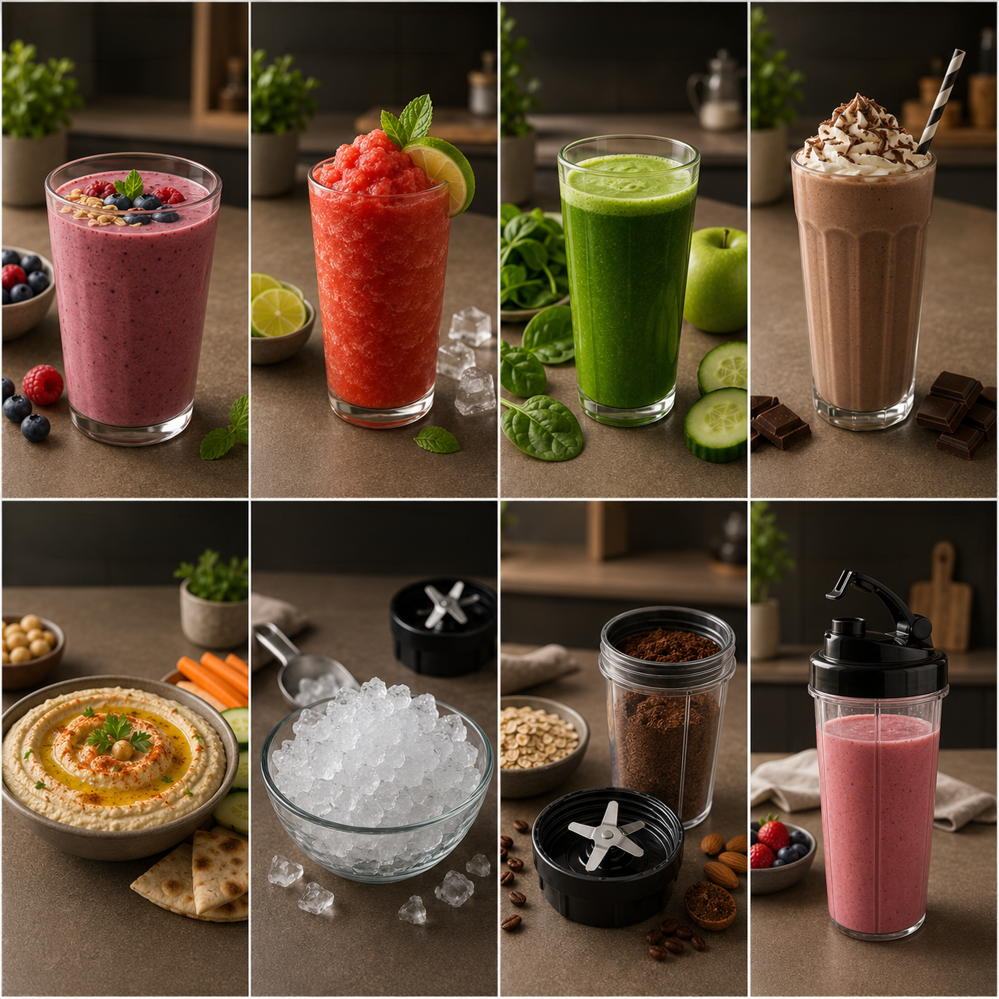 Eine Collage von Getränken wie Smoothies, Eistee, Hummus und Zutaten auf einem Küchentisch.