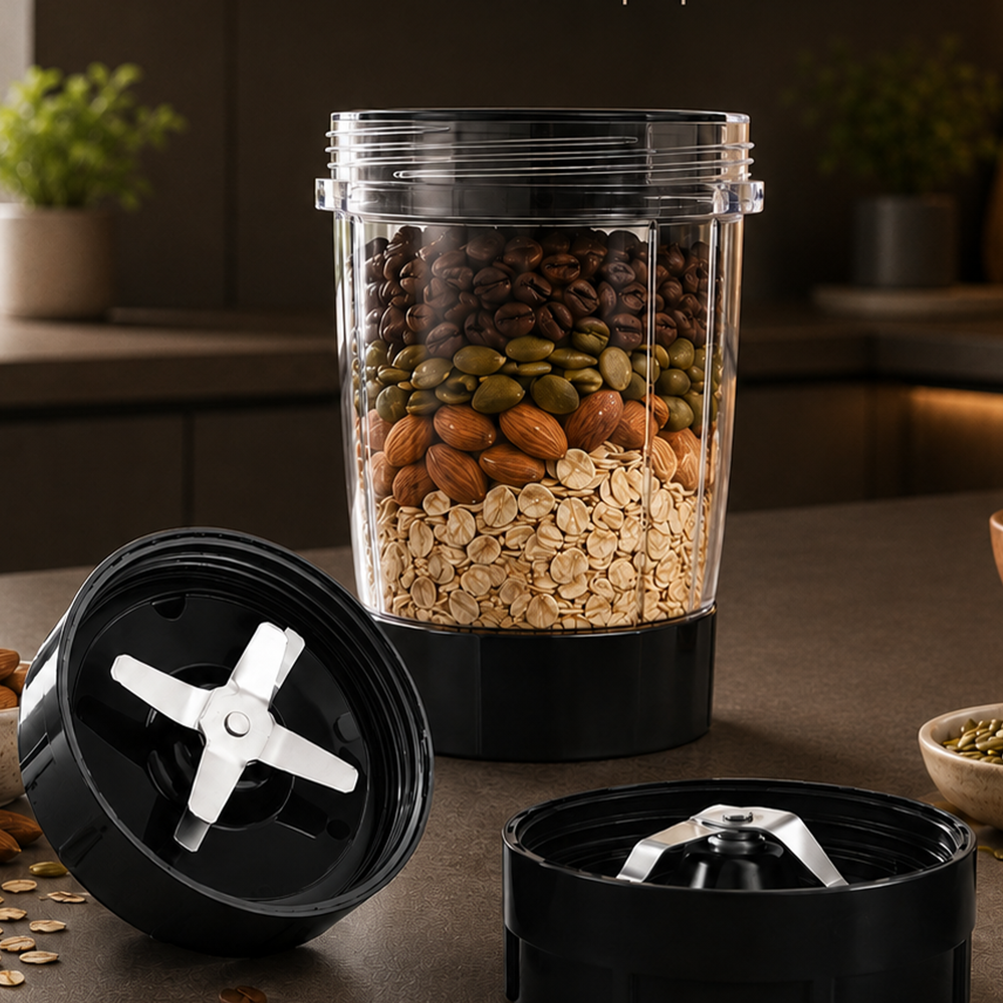 Ein Mixerbecher gefüllt mit Kaffeebohnen, Kernen, Mandeln und Haferflocken, mit Messereinheiten.