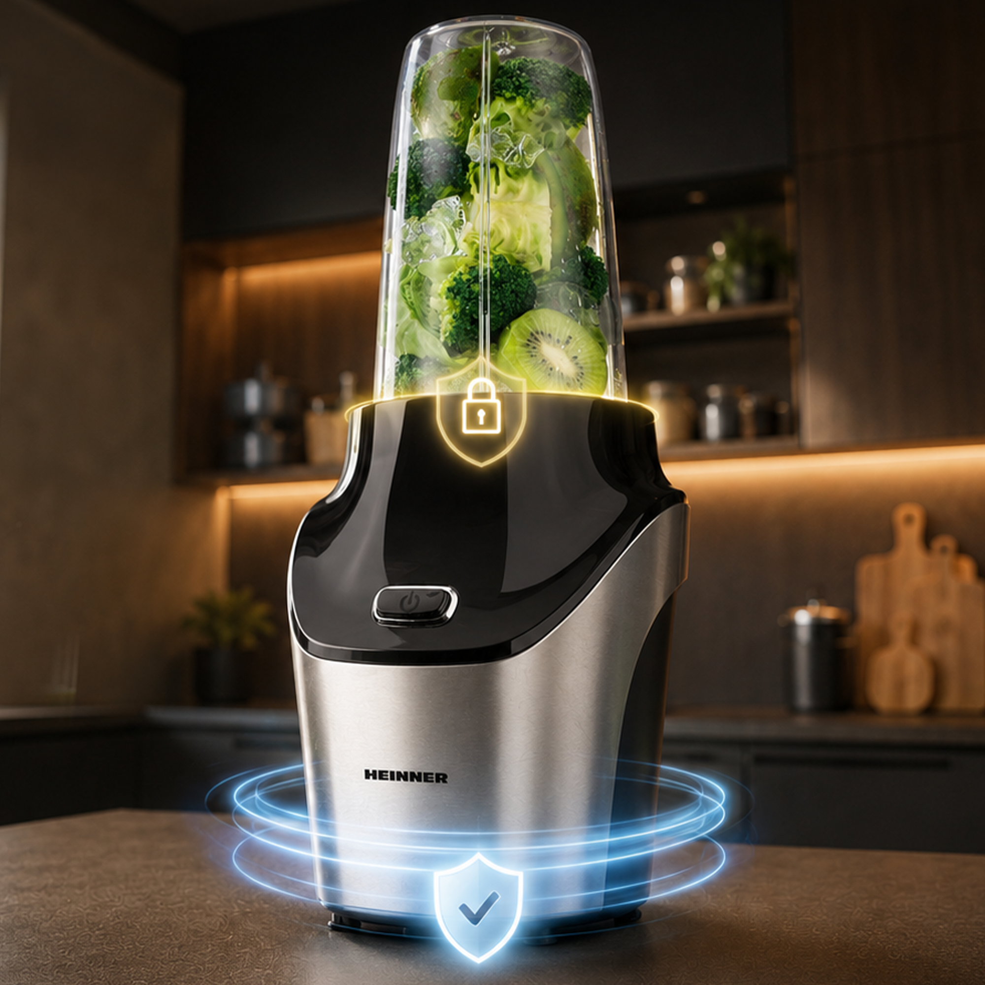 Ein silberner HEINNER-Standmixer filled mit brokkoli und kiwi steht auf einer Küchentheke.