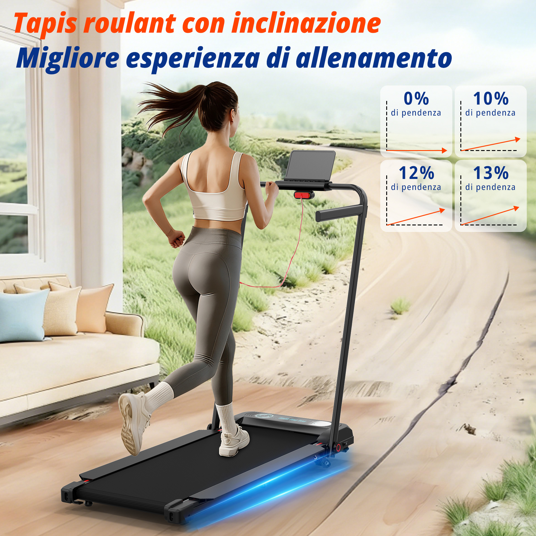 Una donna corre su un tapis roulant al chiuso con sfondo naturale e grafici di pendenza.