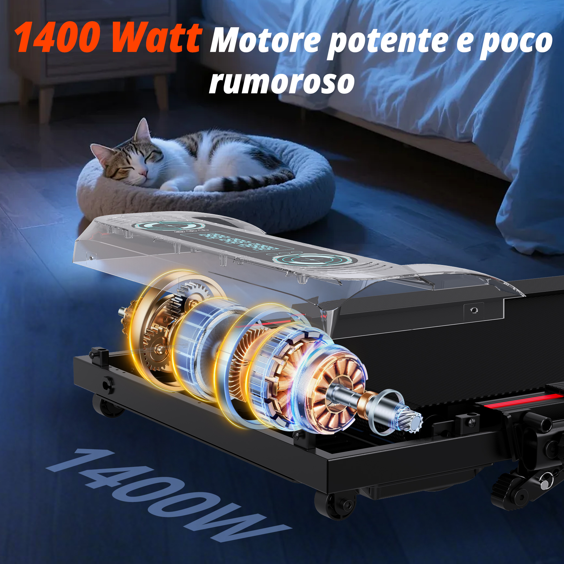 Diagramma che mostra il motore da 1400W di un tapis roulant silenzioso in camera da letto con un gatto.