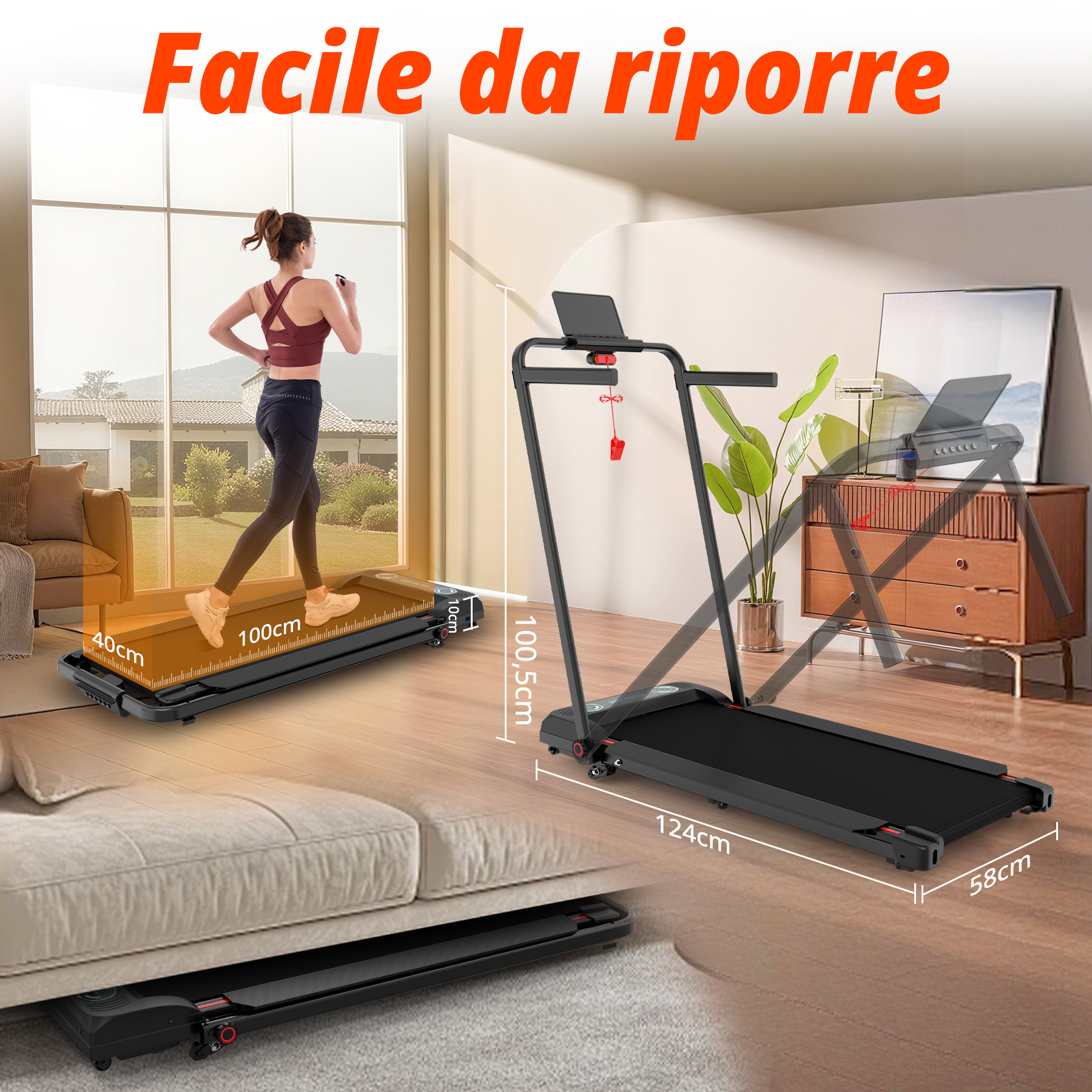 Un tapis roulant pieghevole in un soggiorno con dimensioni.