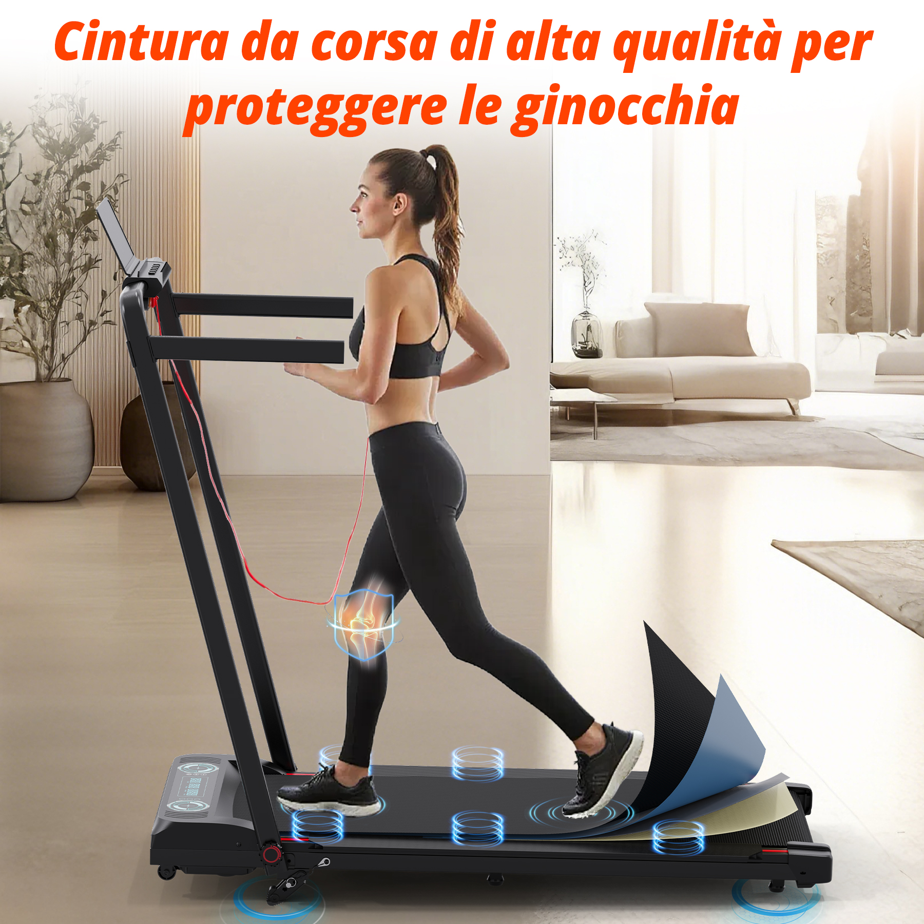 Una donna corre su un tapis roulant in una stanza luminosa, con grafiche di ammortizzazione e protezione del ginocchio.