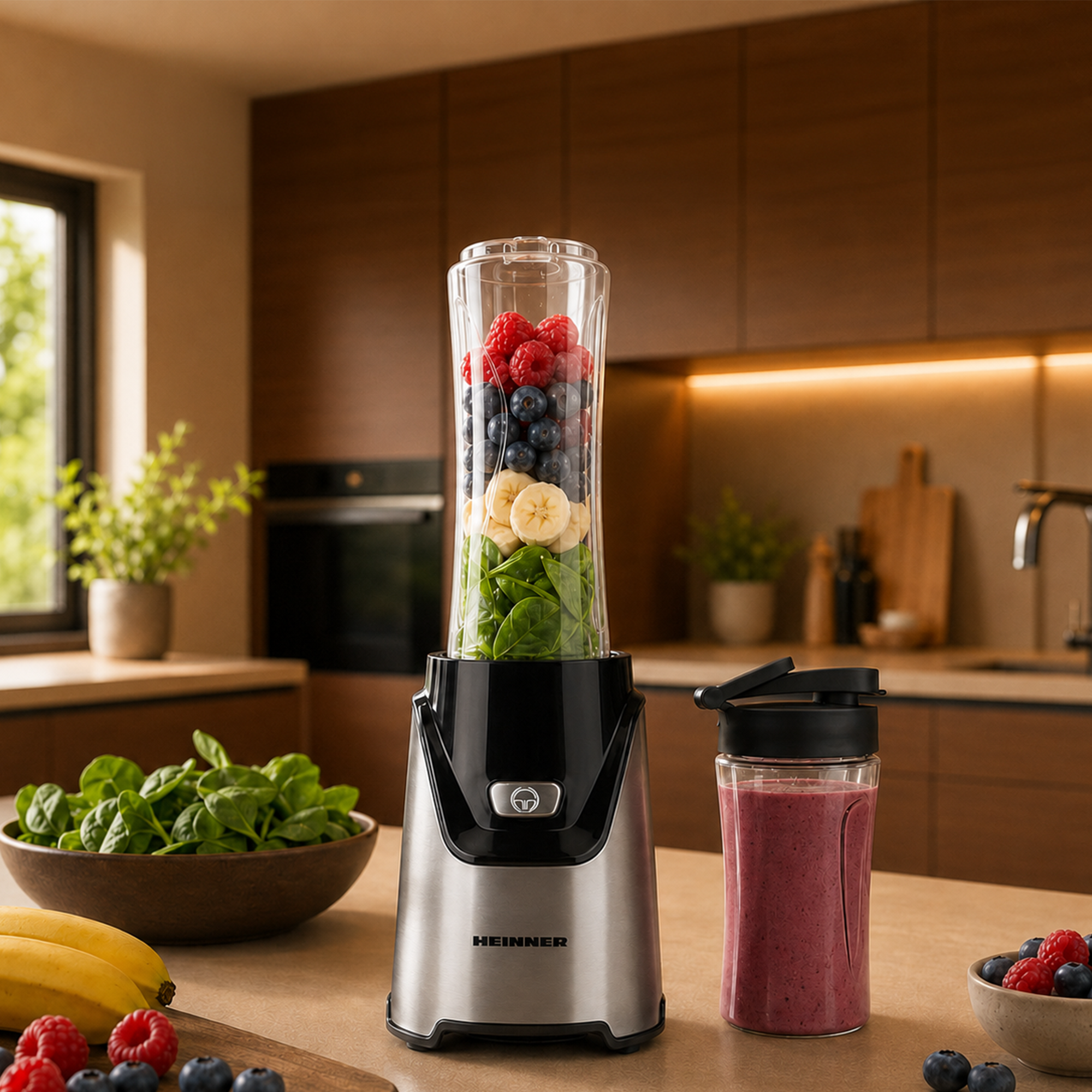 Ein Heinner Standmixer gefüllt mit Schichten aus Spinat, Bananen, Blaubeeren und Himbeeren steht auf einer Küchentheke.