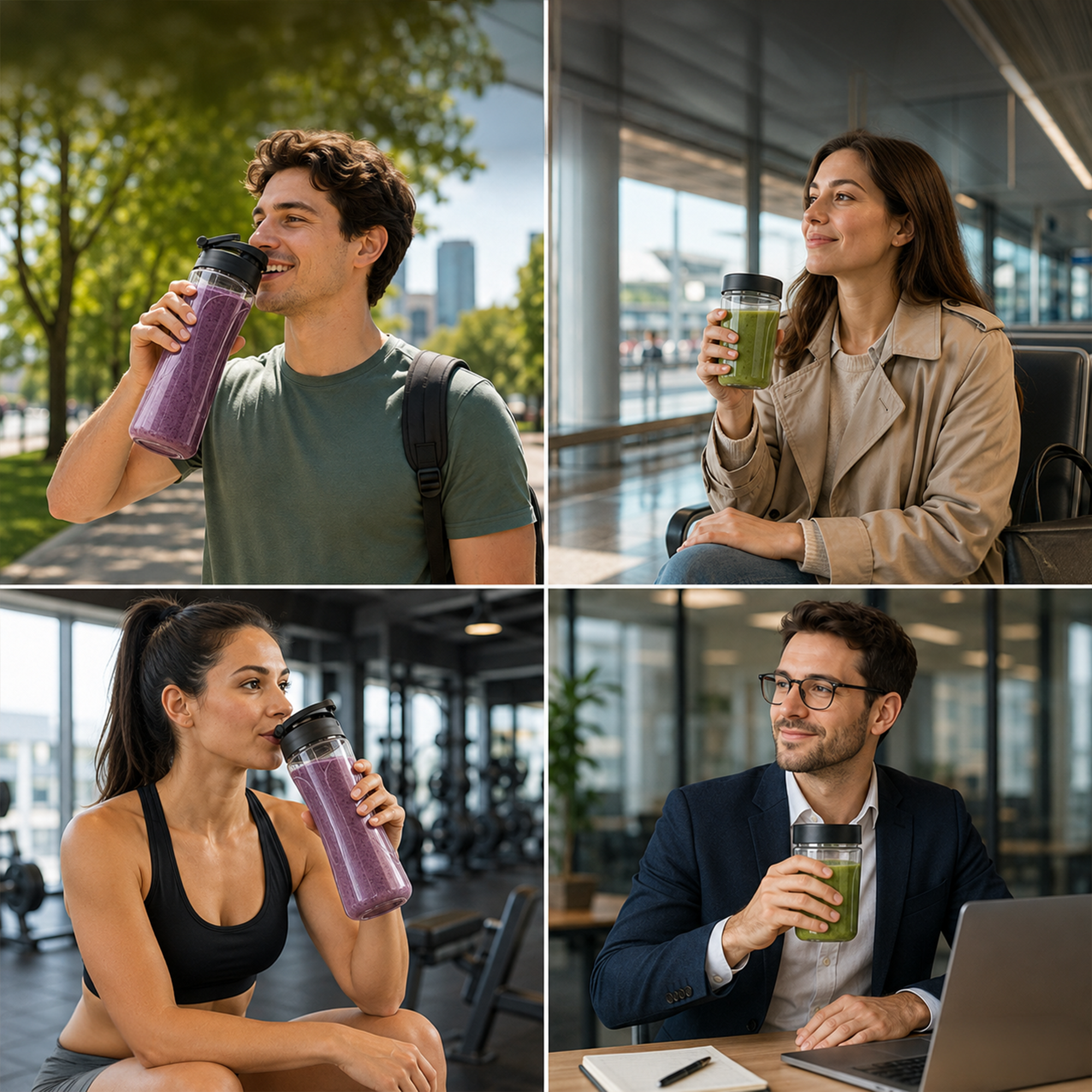 Vier Personen trinken Smoothies aus Flaschen im Park, Bahnhof, Fitnessstudio und Büro.