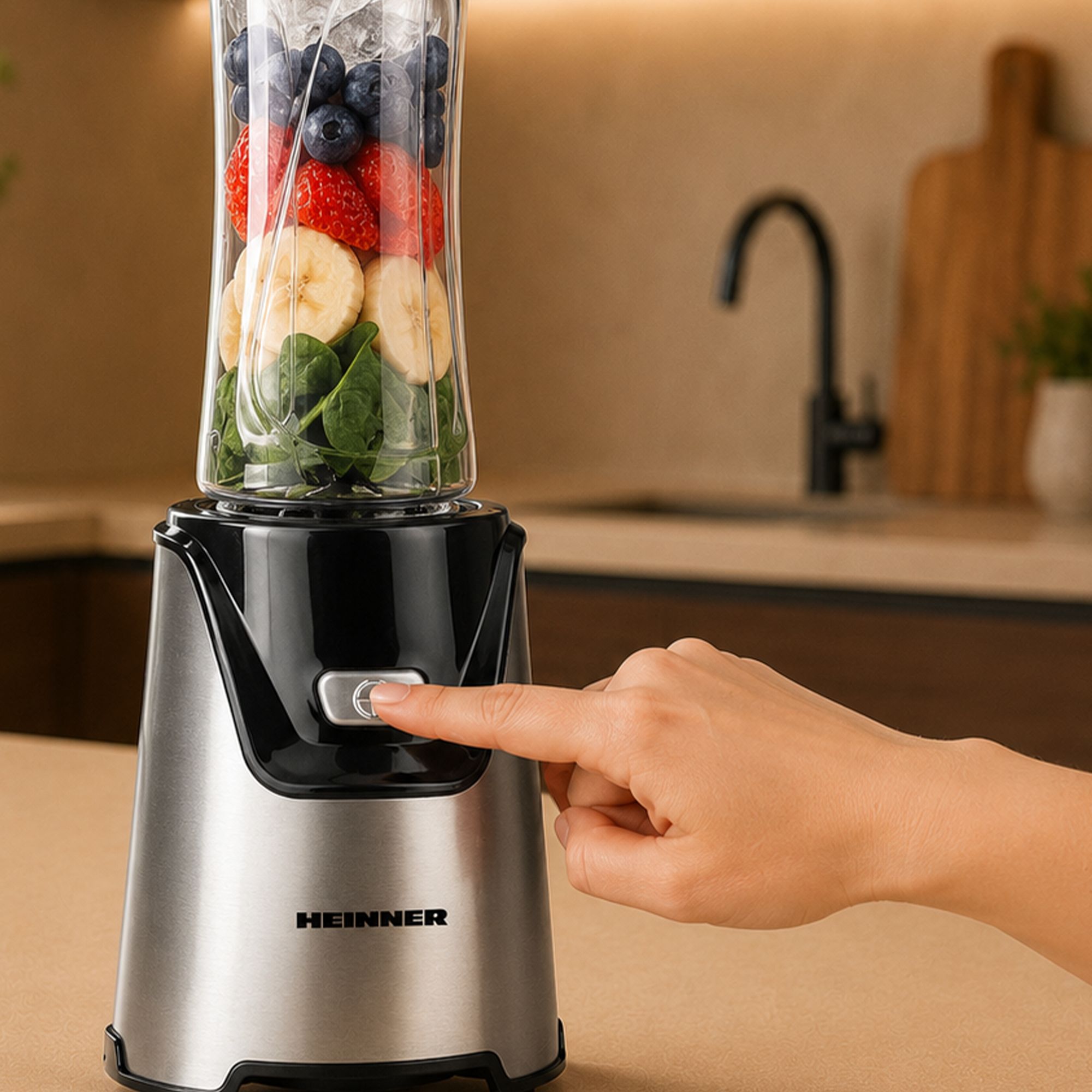 Eine Hand drückt den Einschaltknopf eines silber-schwarzen Heinner-Standmixers mit Spinat, Bananen, Erdbeeren und Blaubeeren.