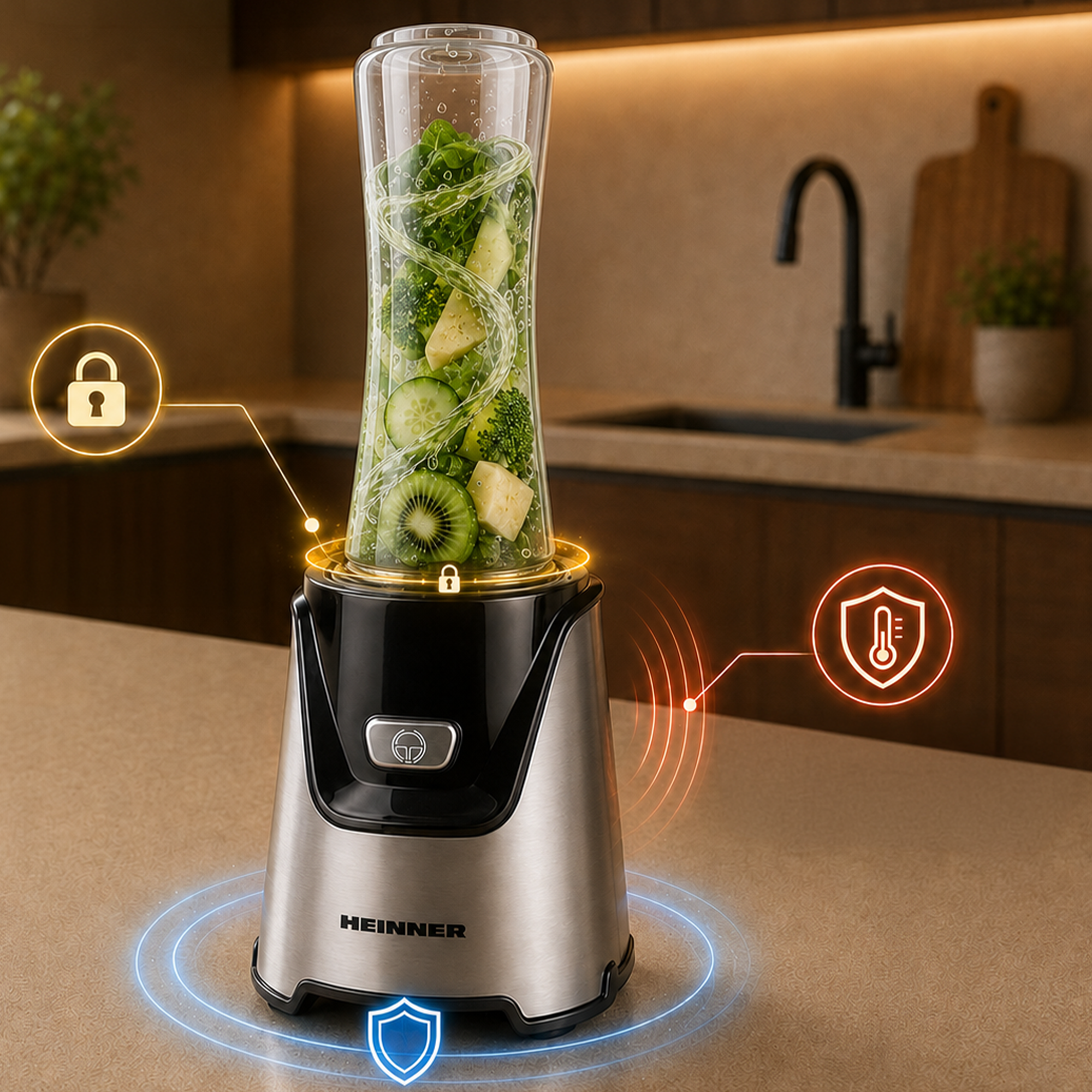 Heinner Standmixer auf einer Küchentheke gefüllt mit Gemüse und Früchten, mit Schutz- und Verriegelungssymbolen.