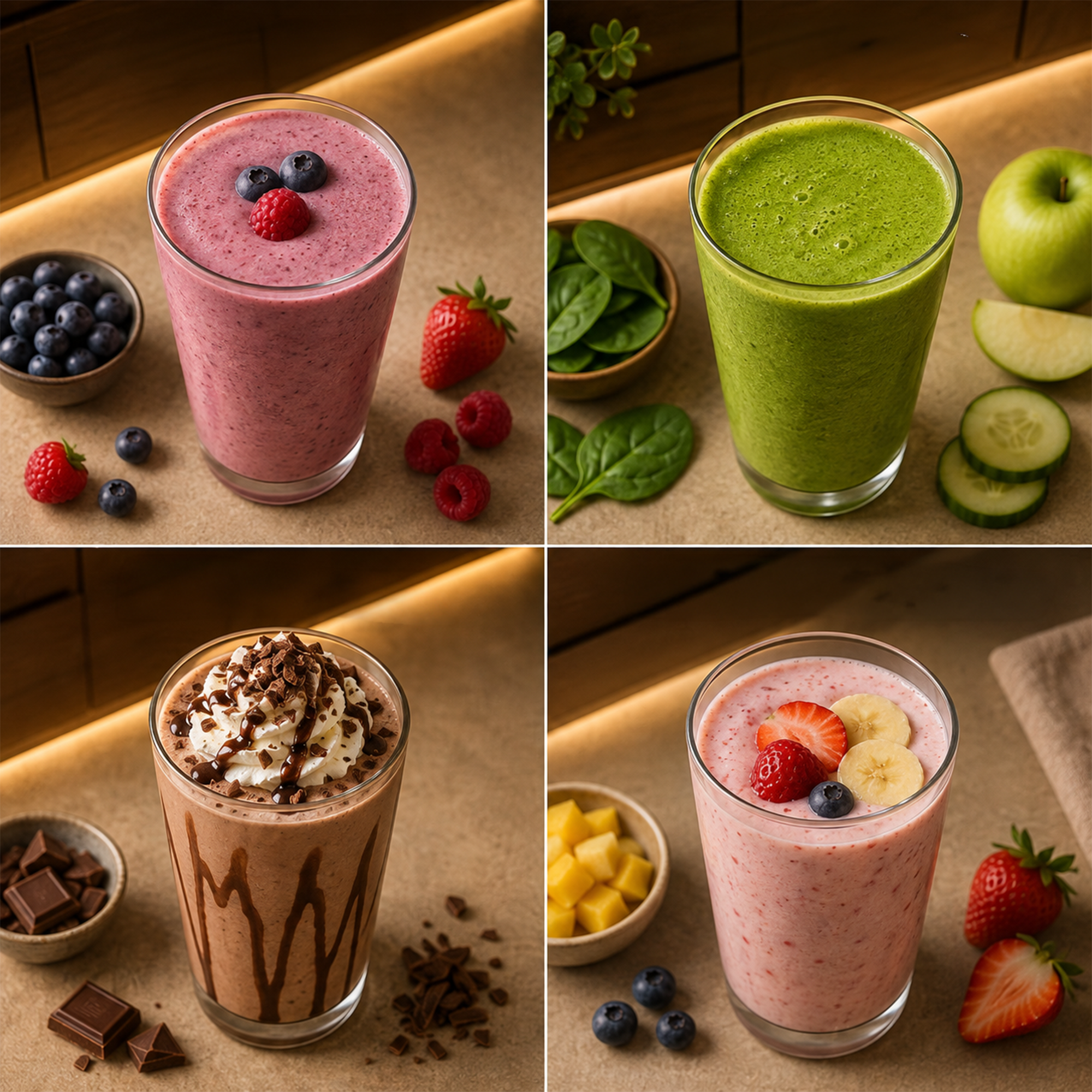 Quatre verres de différents smoothies avec des fruits et des ingrédients assortis disposés sur une surface en bois.