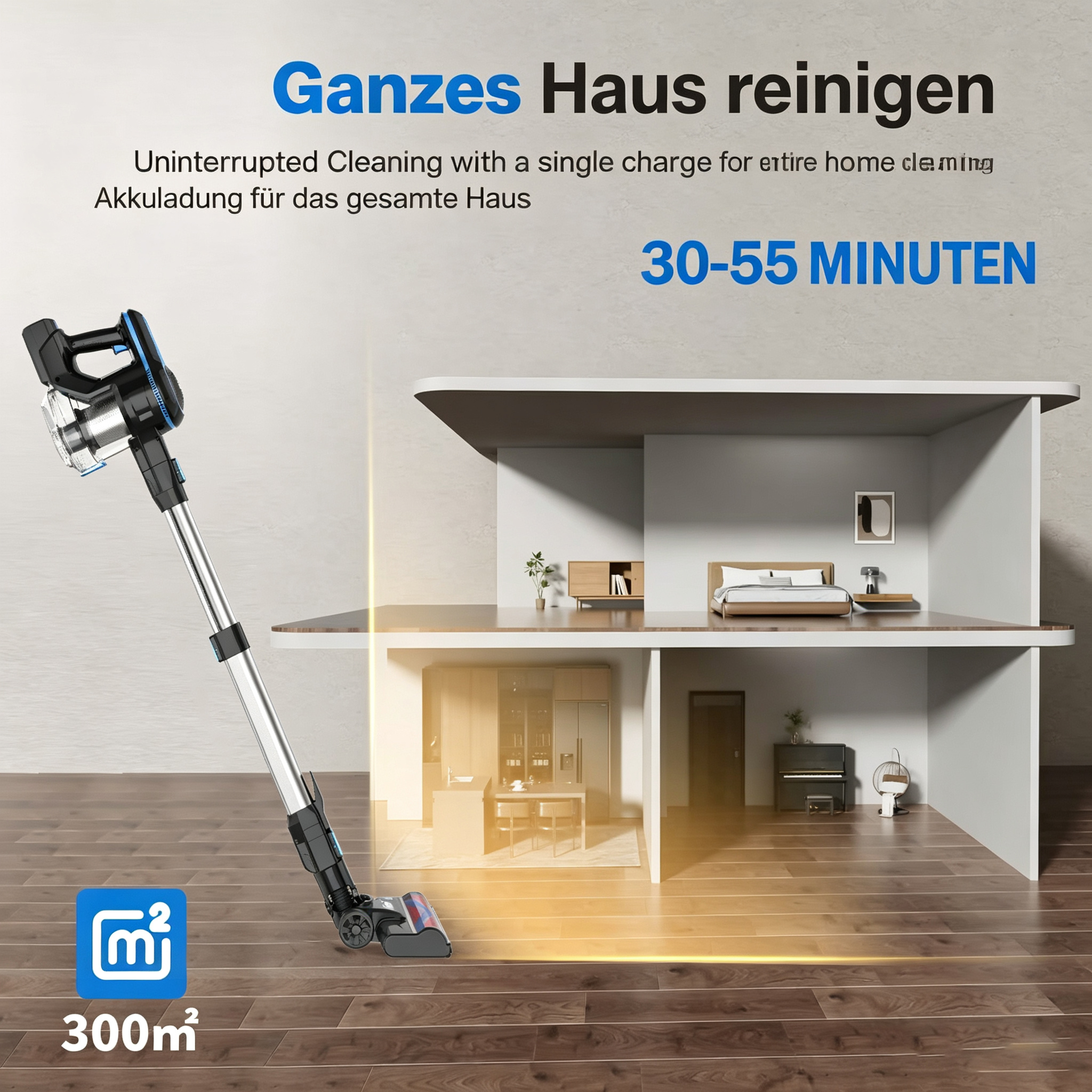 Ein kabelloser Staubsauger steht vor einem Modellhaus mit mehrsprachigem Text über die Akkulaufzeit.