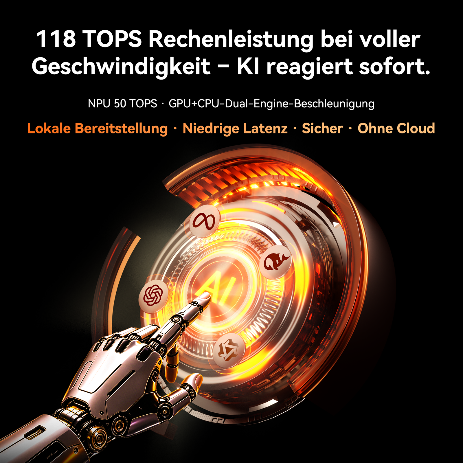 Ein Roboterarm berührt eine leuchtende, kreisförmige AI-Platte mit deutscher Werbebeschriftung.