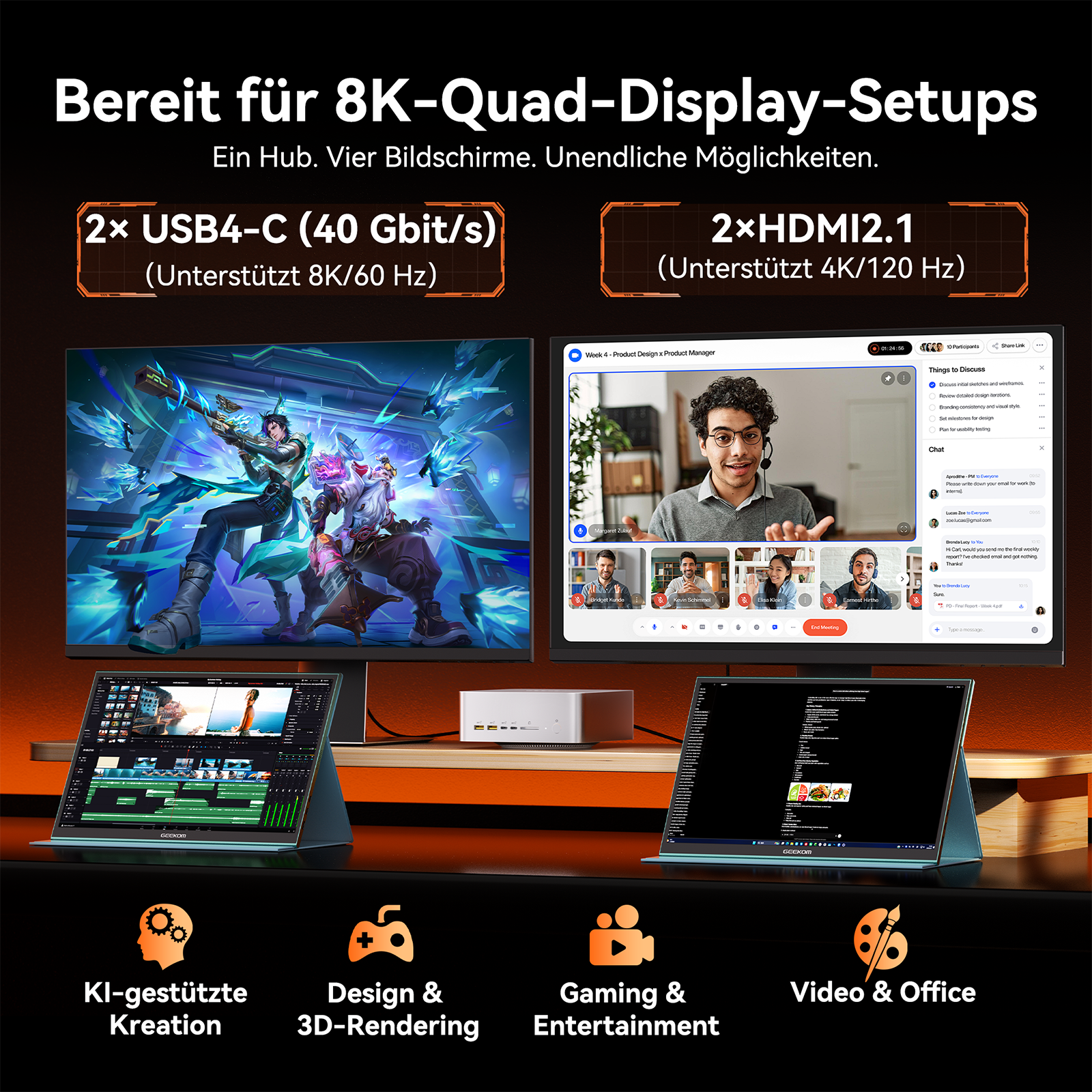 Ein Hub auf dem Tisch verbindet vier Monitore für Gaming, Video und Design mit USB4 und HDMI.