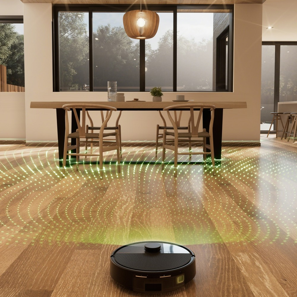 Robot odkurzający skanuje drewnianą podłogę nowoczesnej jadalni zielonym światłem laserowym.