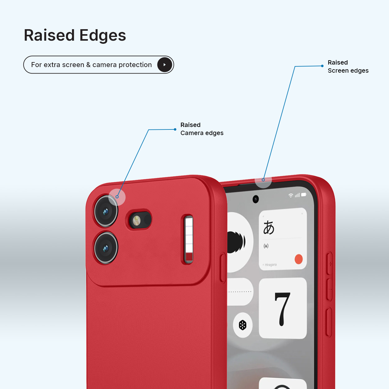 Rode telefoonhoes met verhoogde randen voor scherm- en camerabescherming.