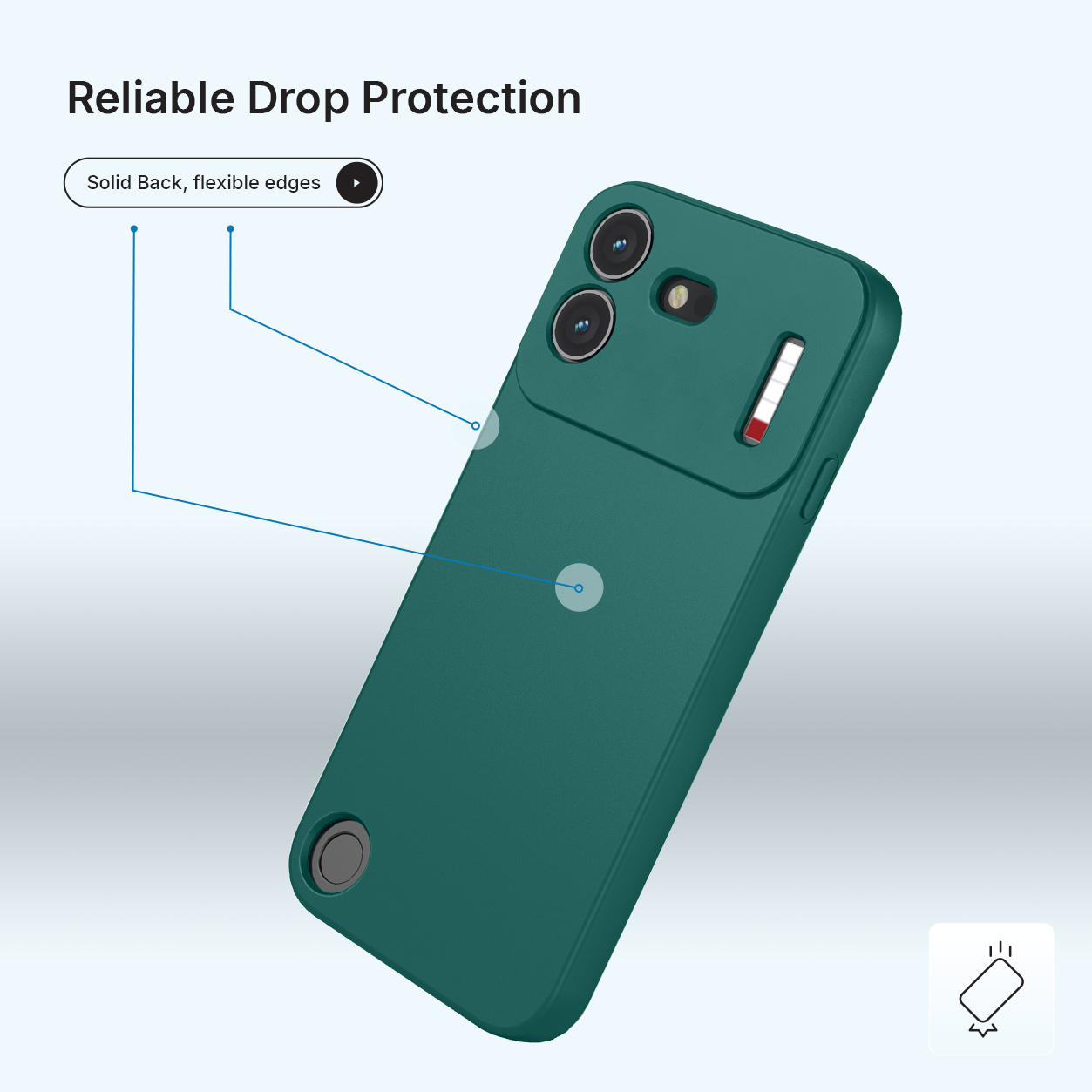 Groene beschermhoes op een smartphone met camera-uitsparingen en tekst.