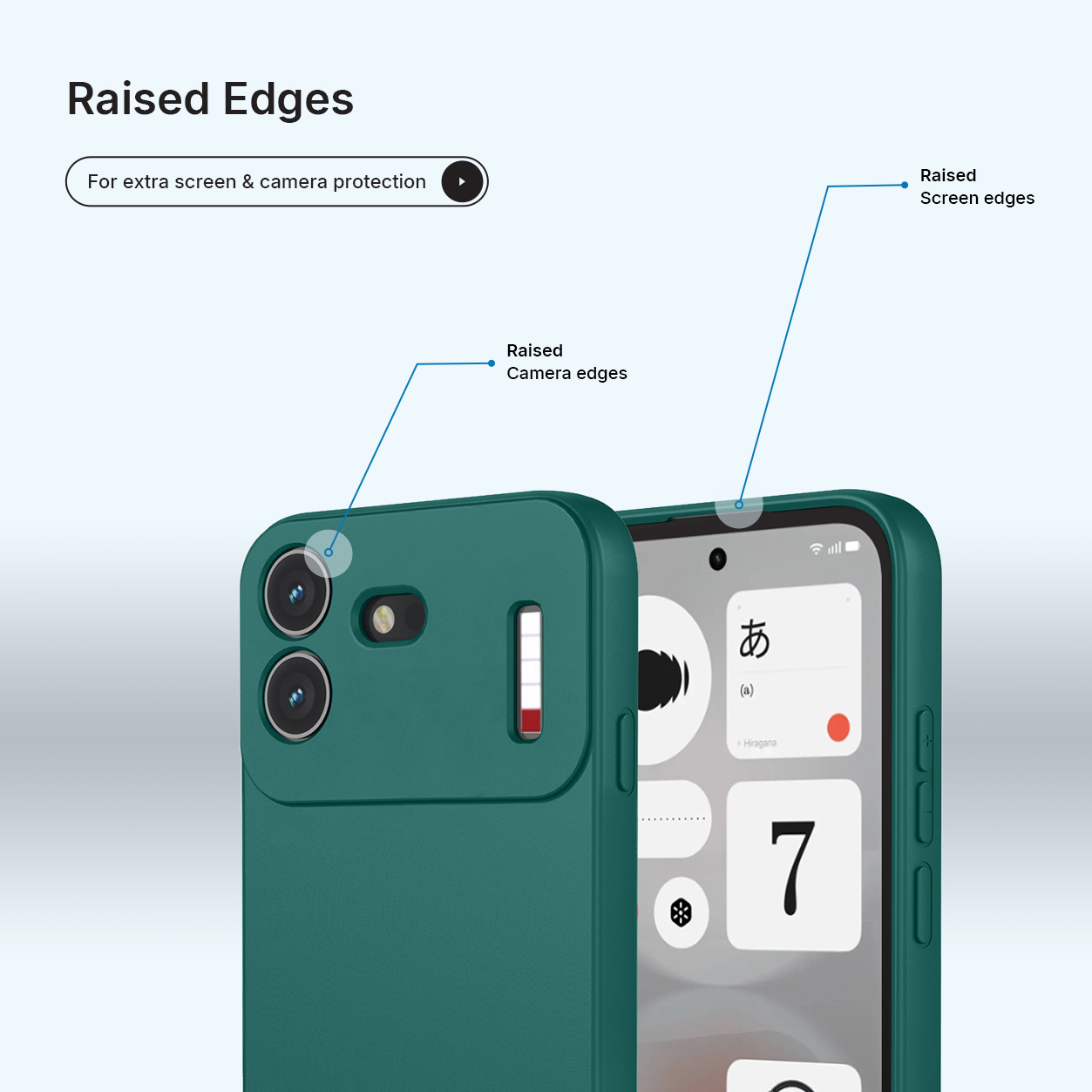 Groene smartphonehoes met verhoogde scherm- en cameraranden voor extra bescherming.