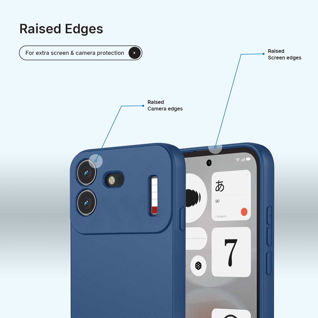 Blauwe smartphonehoesje met verhoogde randen voor camera- en schermbescherming.