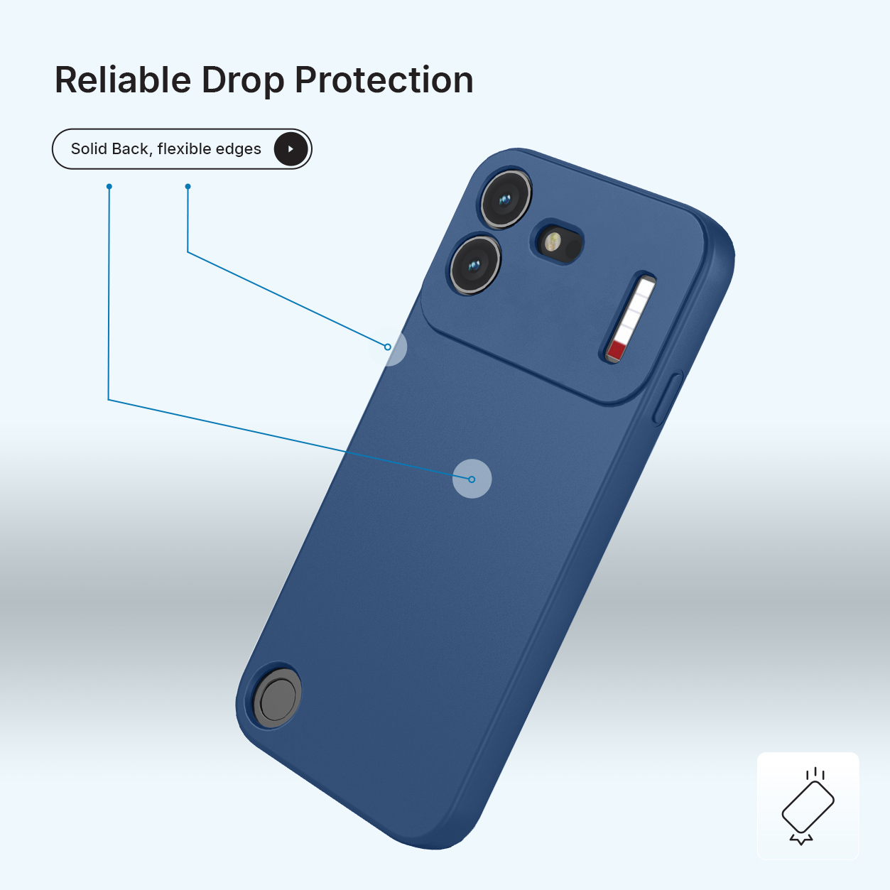 Blauwe telefoonhoes met stevige achterkant, flexibele randen en camerabescherming.