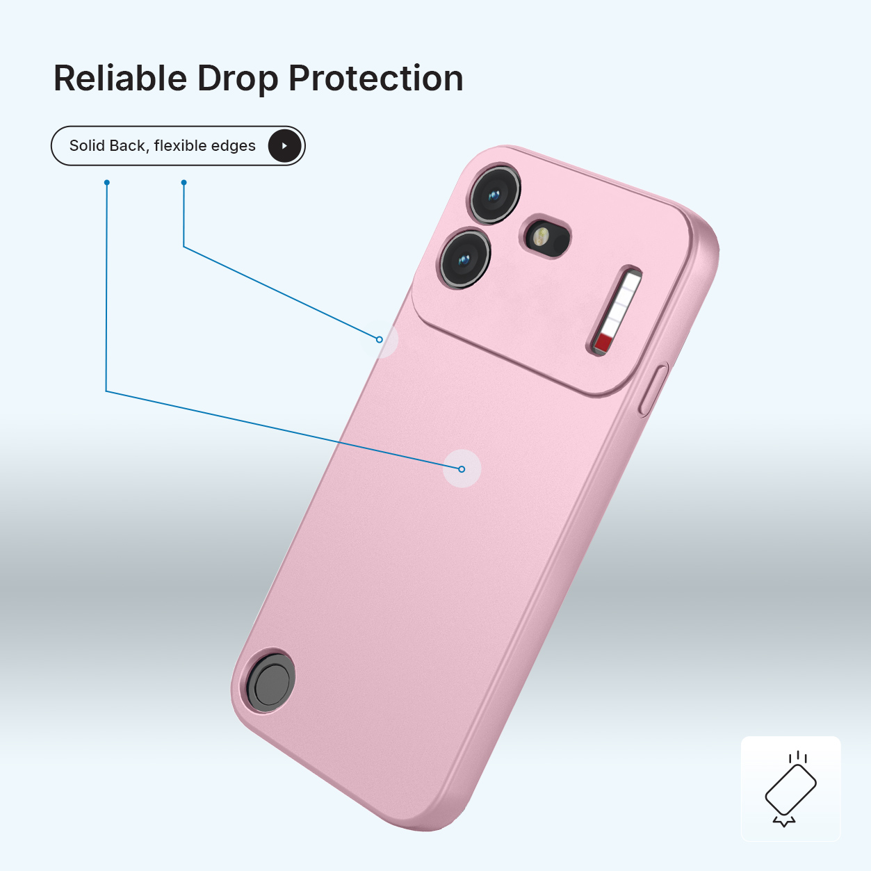 Roze telefoonhoesje met schuifbare camerahoes en valbeschermingstekst.