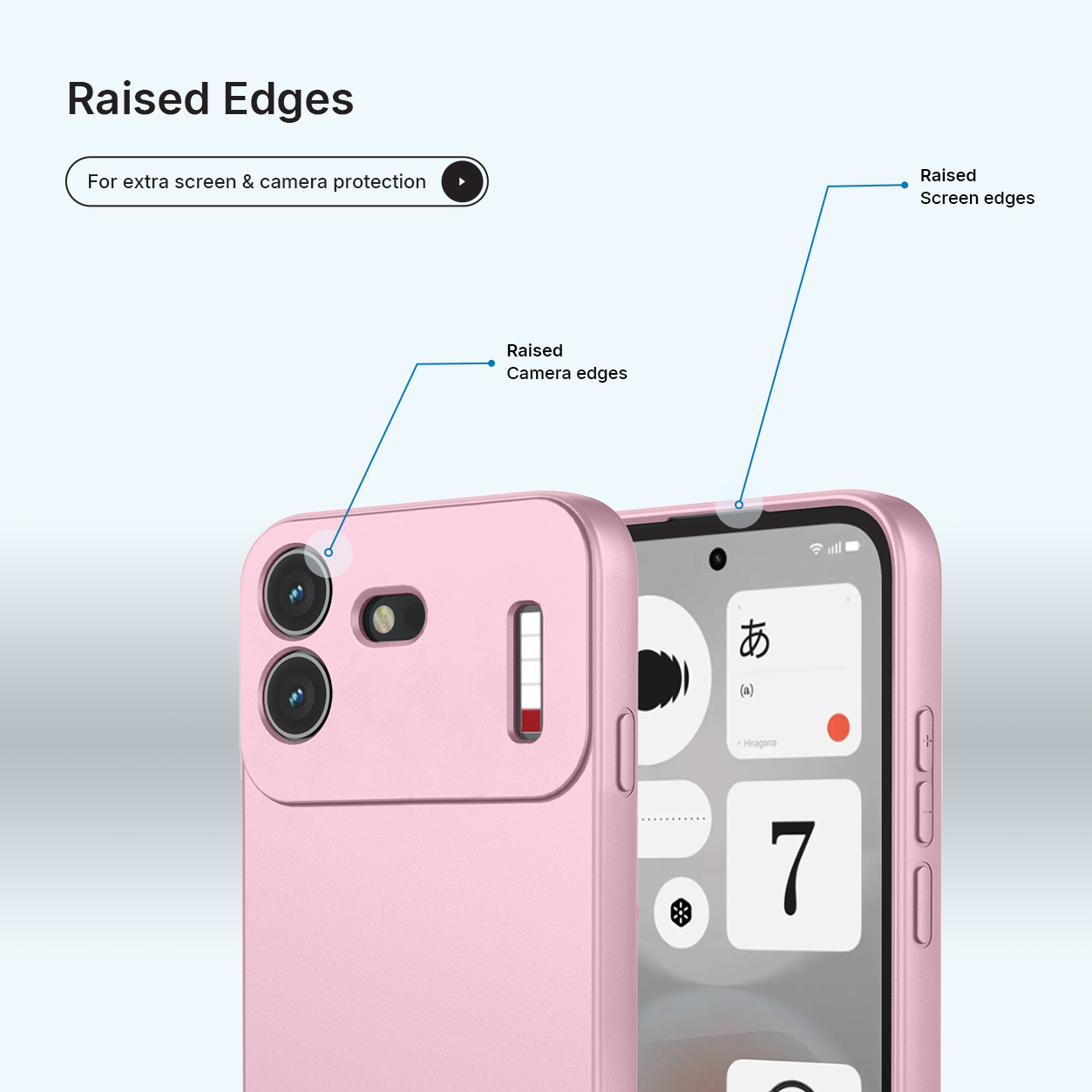 Roze telefoonhoesje met opstaande randen voor scherm- en camerabescherming.