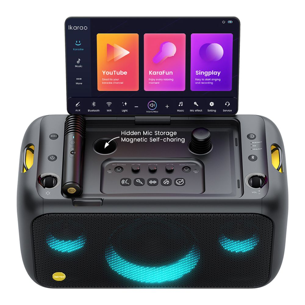 Tragbare Karaoke-Maschine mit Display, Mikrofon und blauen Lichtern.