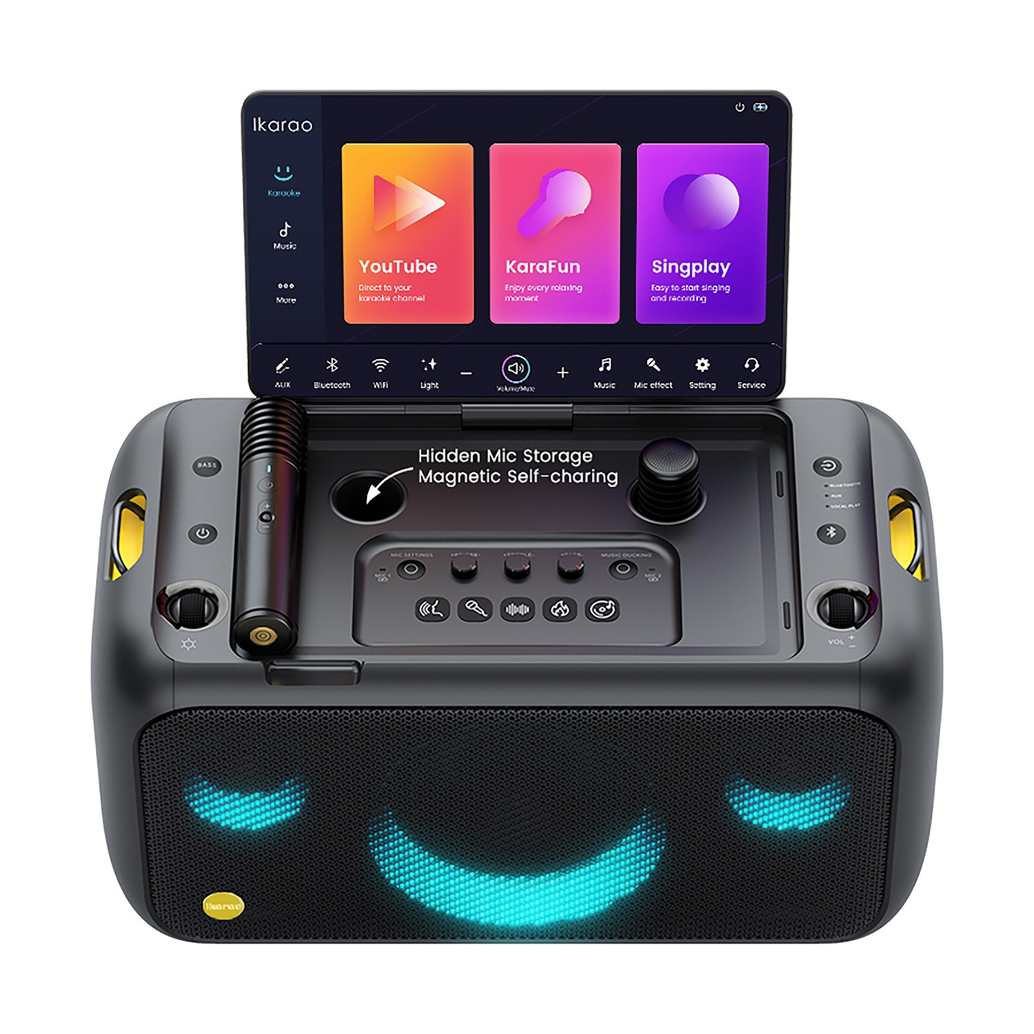 Eine schwarze Karaokemaschine mit Bildschirm, integriertem Mikrofonfach und blau leuchtenden Lautsprechern.