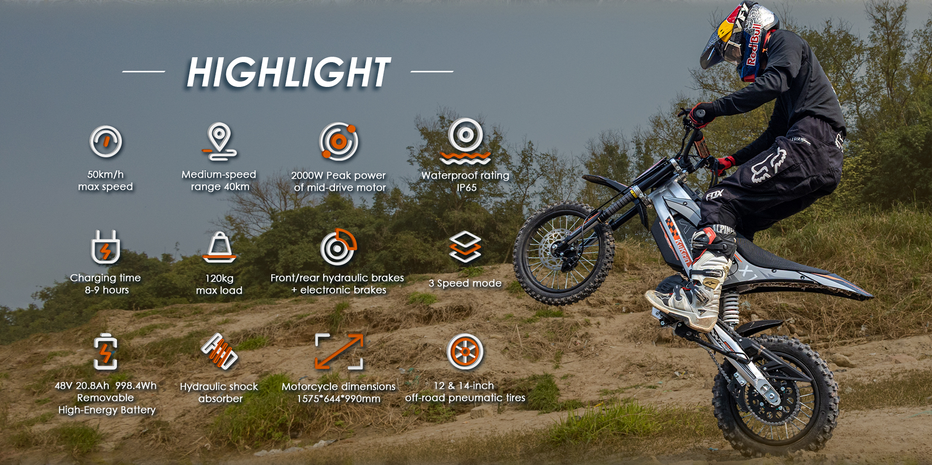 Un motociclista de motocross en una moto eléctrica todoterreno, rodeado de iconos.