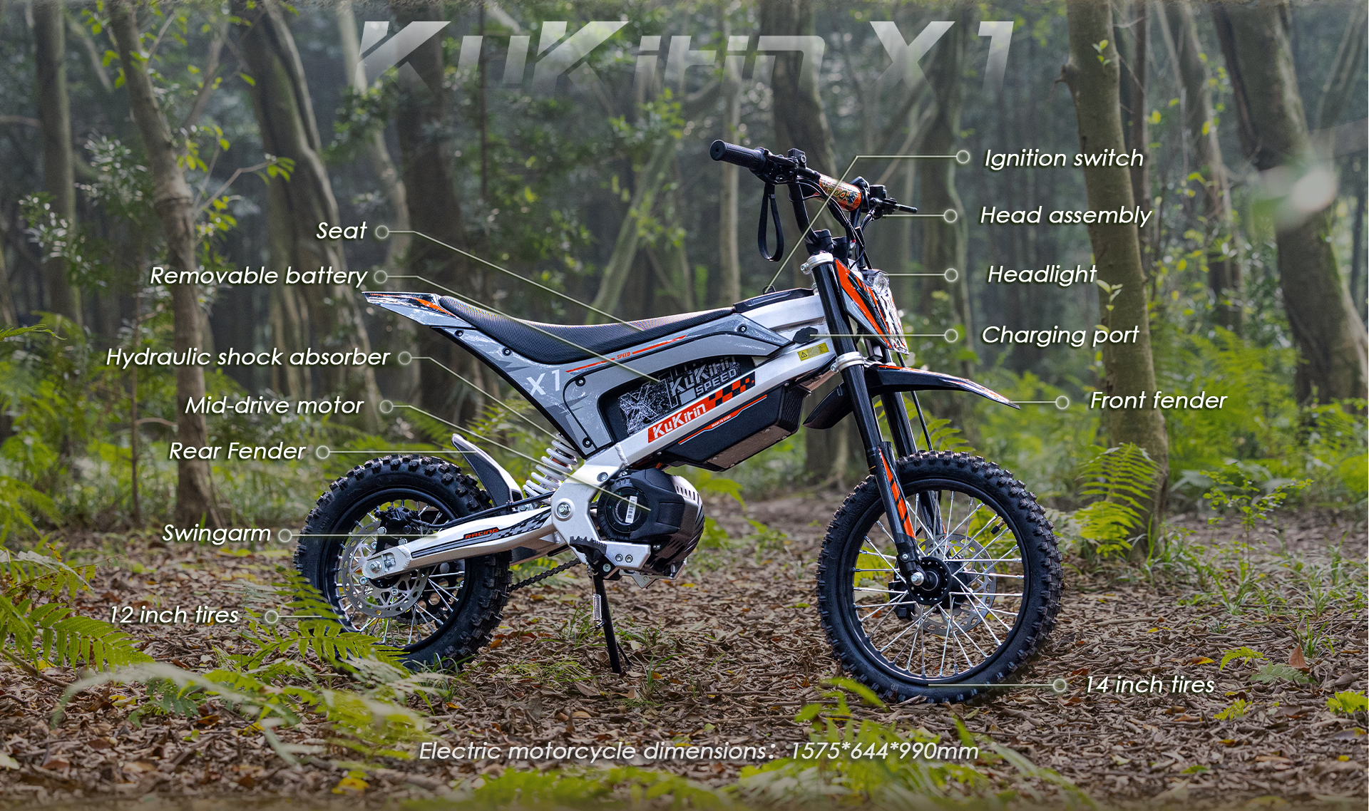 Una moto de cross eléctrica en un bosque, etiquetada con sus diversas partes como asiento, neumáticos y motor.
