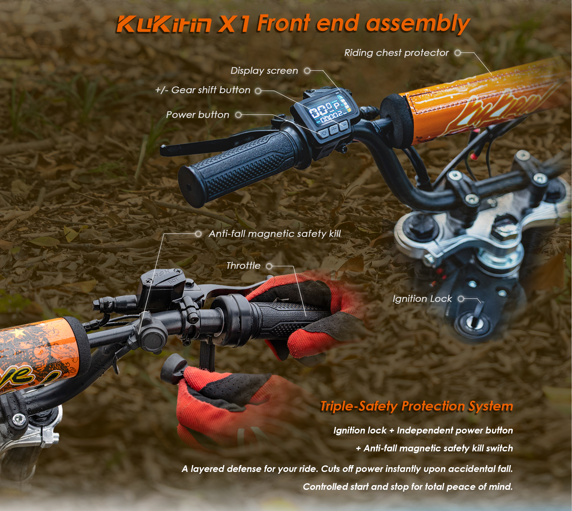 Conjunto delantero Kukirin X1 con manillar, pantalla y elementos de seguridad.