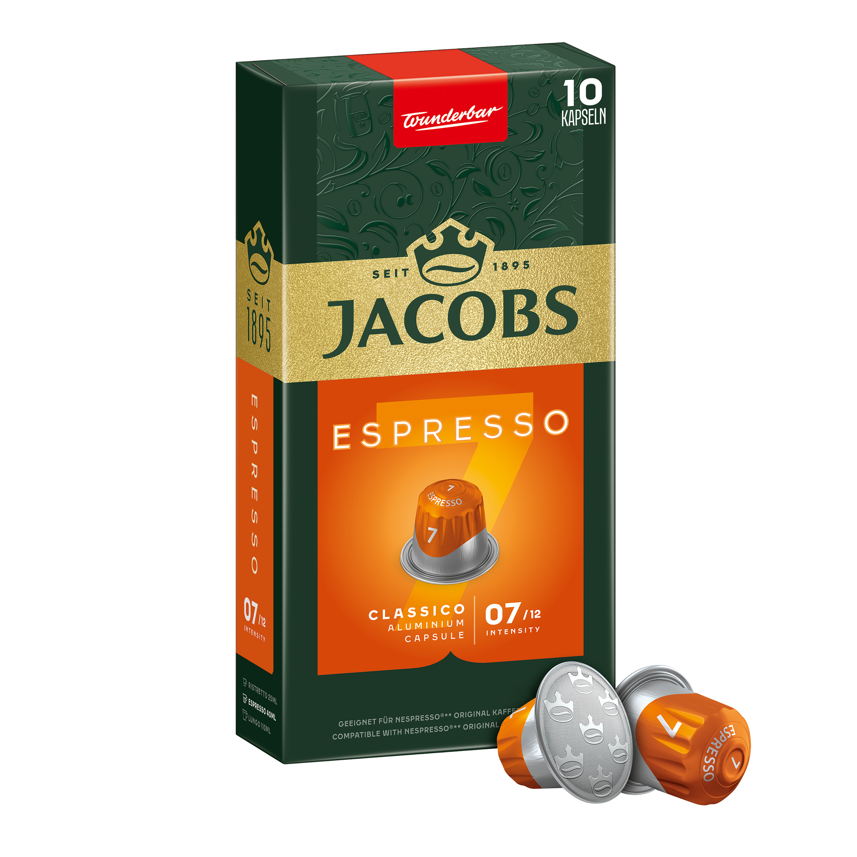 Grüne Jacobs Espresso Kaffeekapselverpackung mit zwei orangen Kapseln davor.