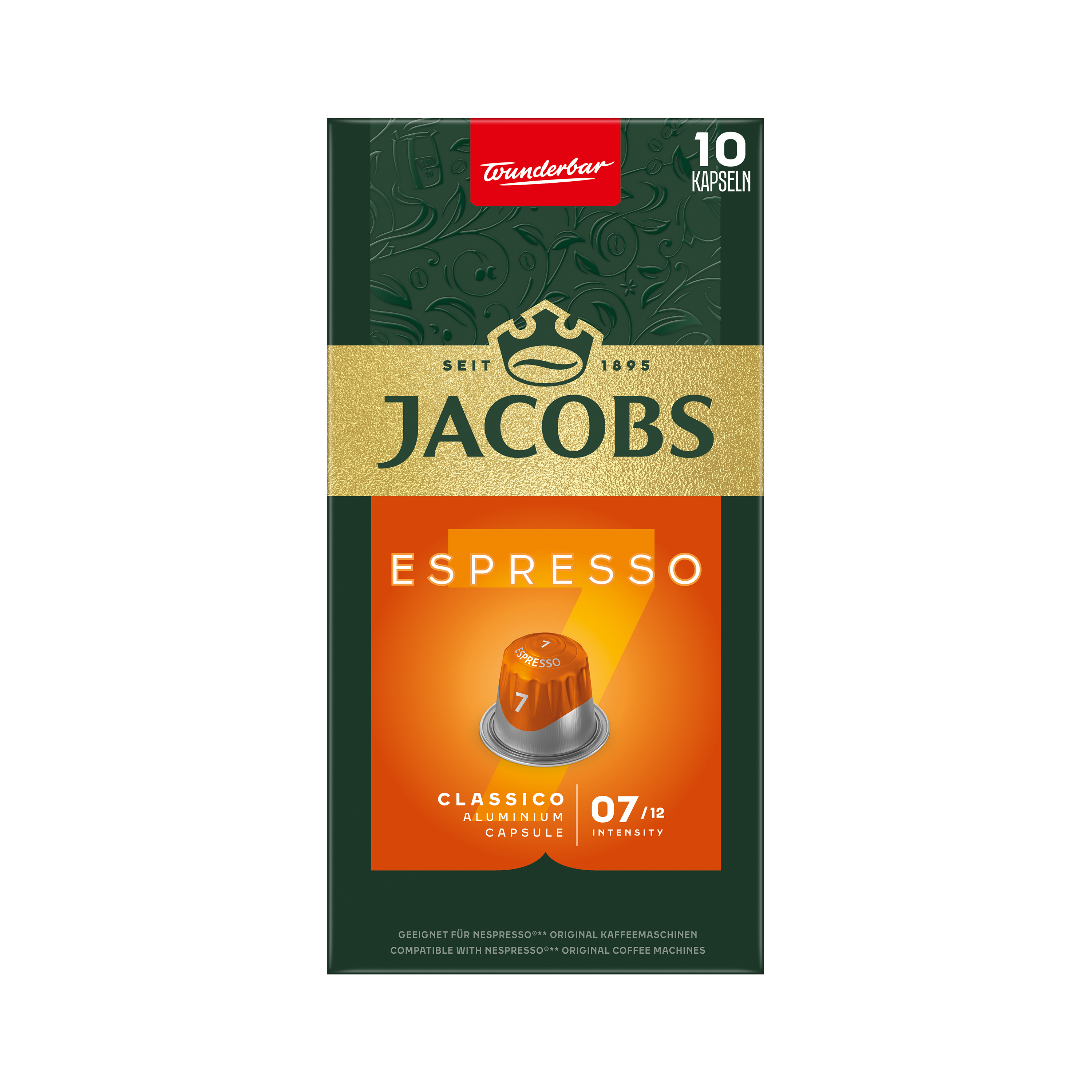 Grüne und orangefarbene Schachtel Jacobs Espresso 7 Kaffeekapseln mit goldenem Text.