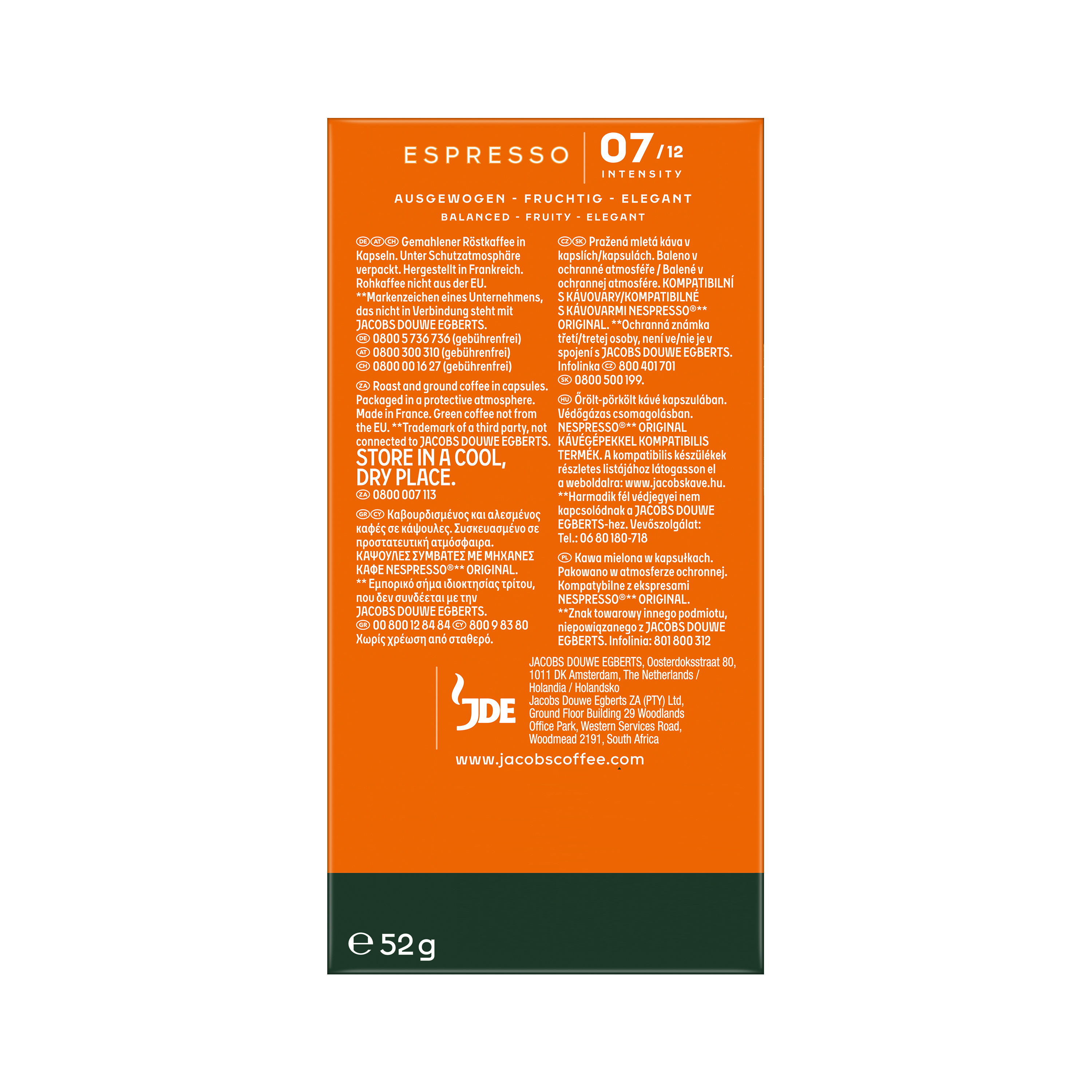 Rückseite einer orangefarbenen Jacobs Espresso Kaffeeverpackung mit Text und Nettoinhalt 52g unten.