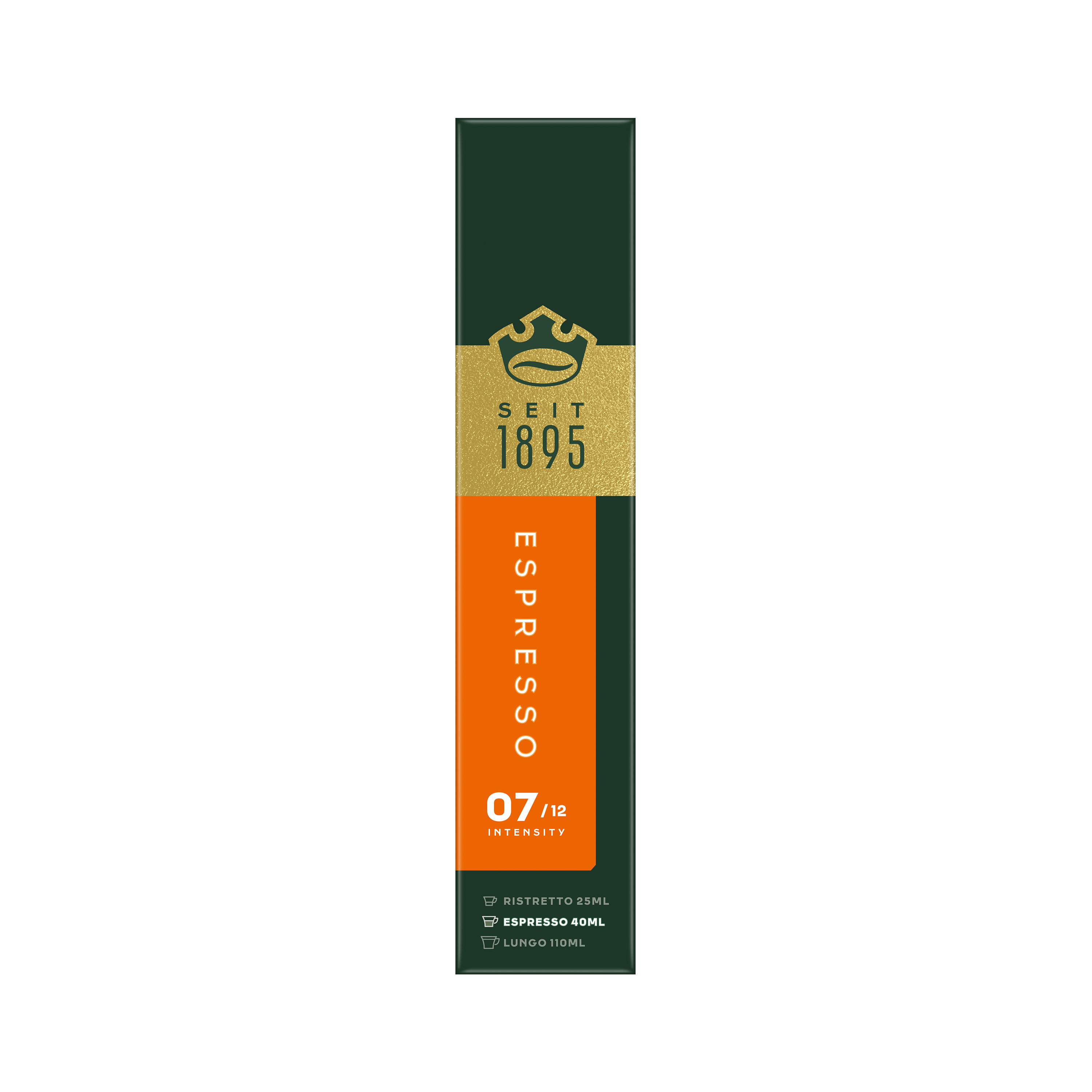 Eine grüne Kaffeekapselpackung mit goldener Krone, der Aufschrift SEIT 1895 und der Orangeseite Espresso mit Intensität 07.