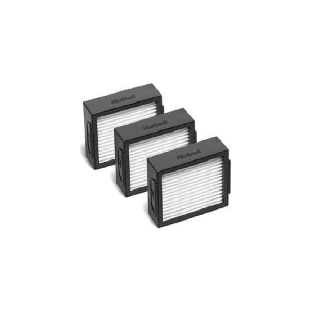 Drei schwarze Ersatzfilter mit weißem Faltenmaterial, beschriftet mit iRobot, diagonal auf weißem Hintergrund angeordnet.