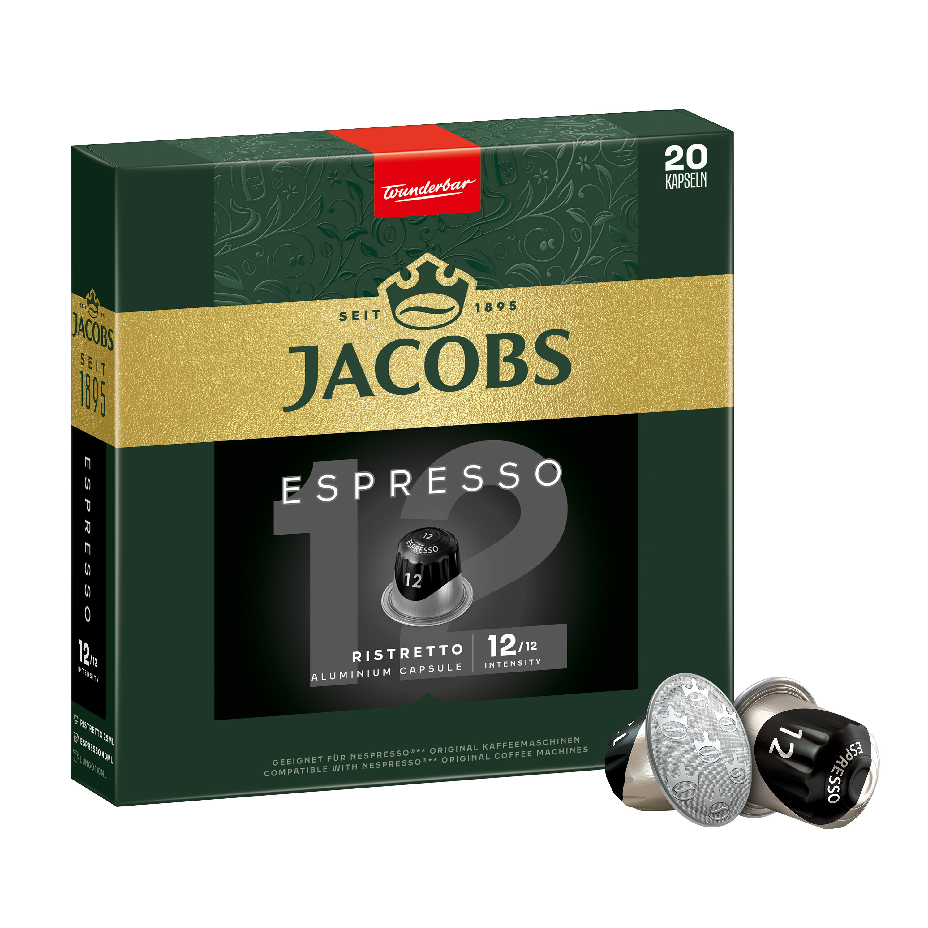 Grüne Jacobs Espresso Kaffeekapselverpackung mit zwei Kapseln im Vordergrund.