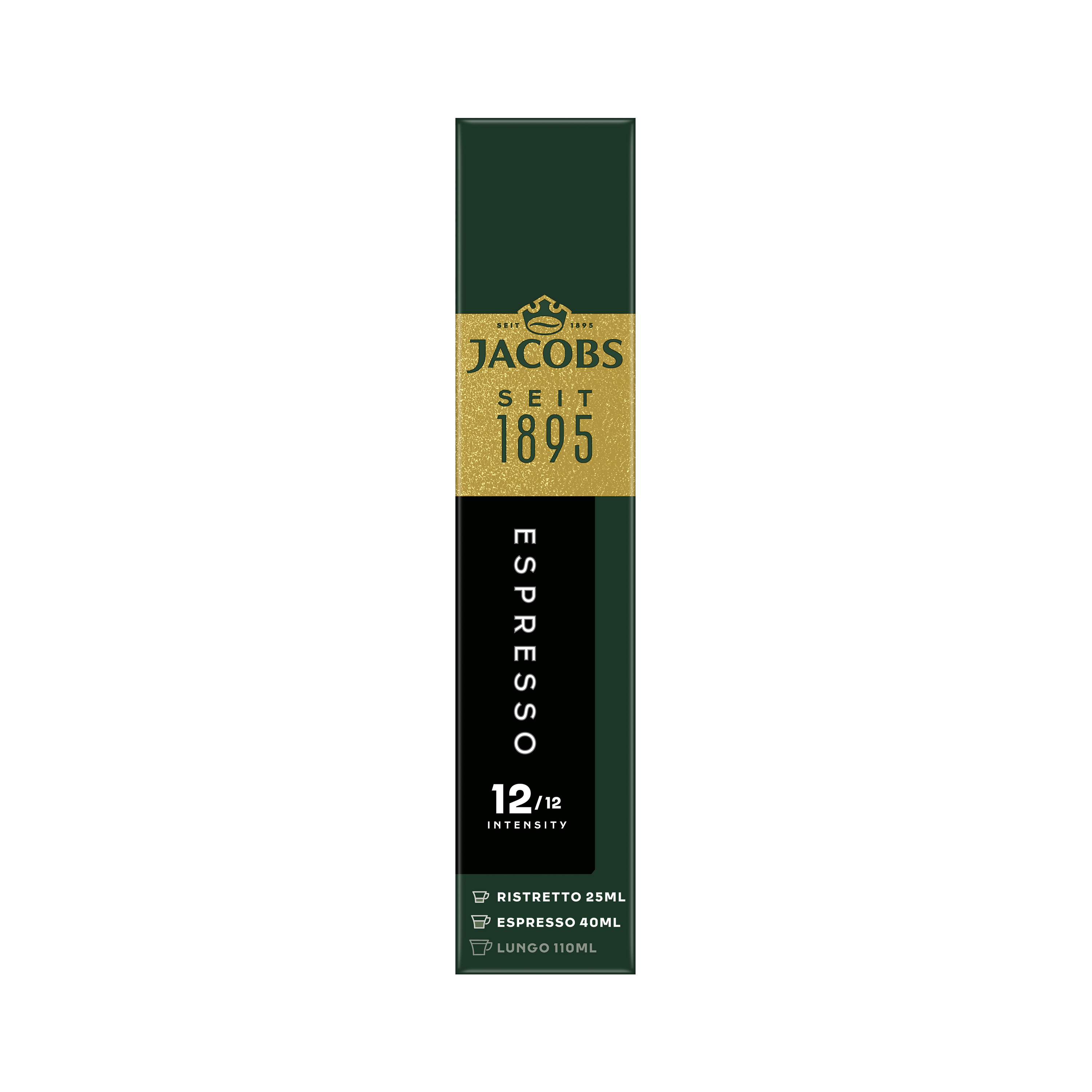Eine vertikale grüne Jacobs Kaffeekapselverpackung mit der Aufschrift Espresso 12/12 Intensity vor dunklem Hintergrund.