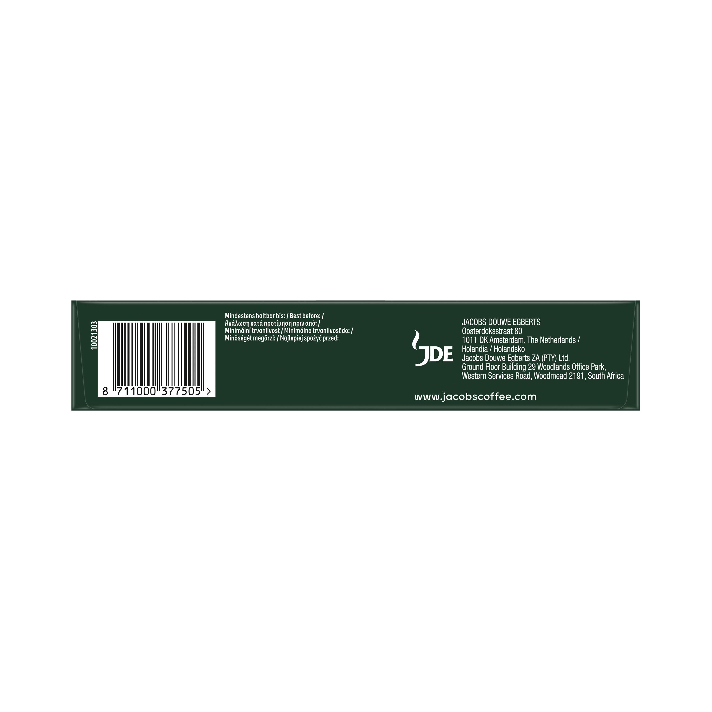 Barcode und Firmeninformationen auf grünem Jacobs Kaffeeverpackungsboden.