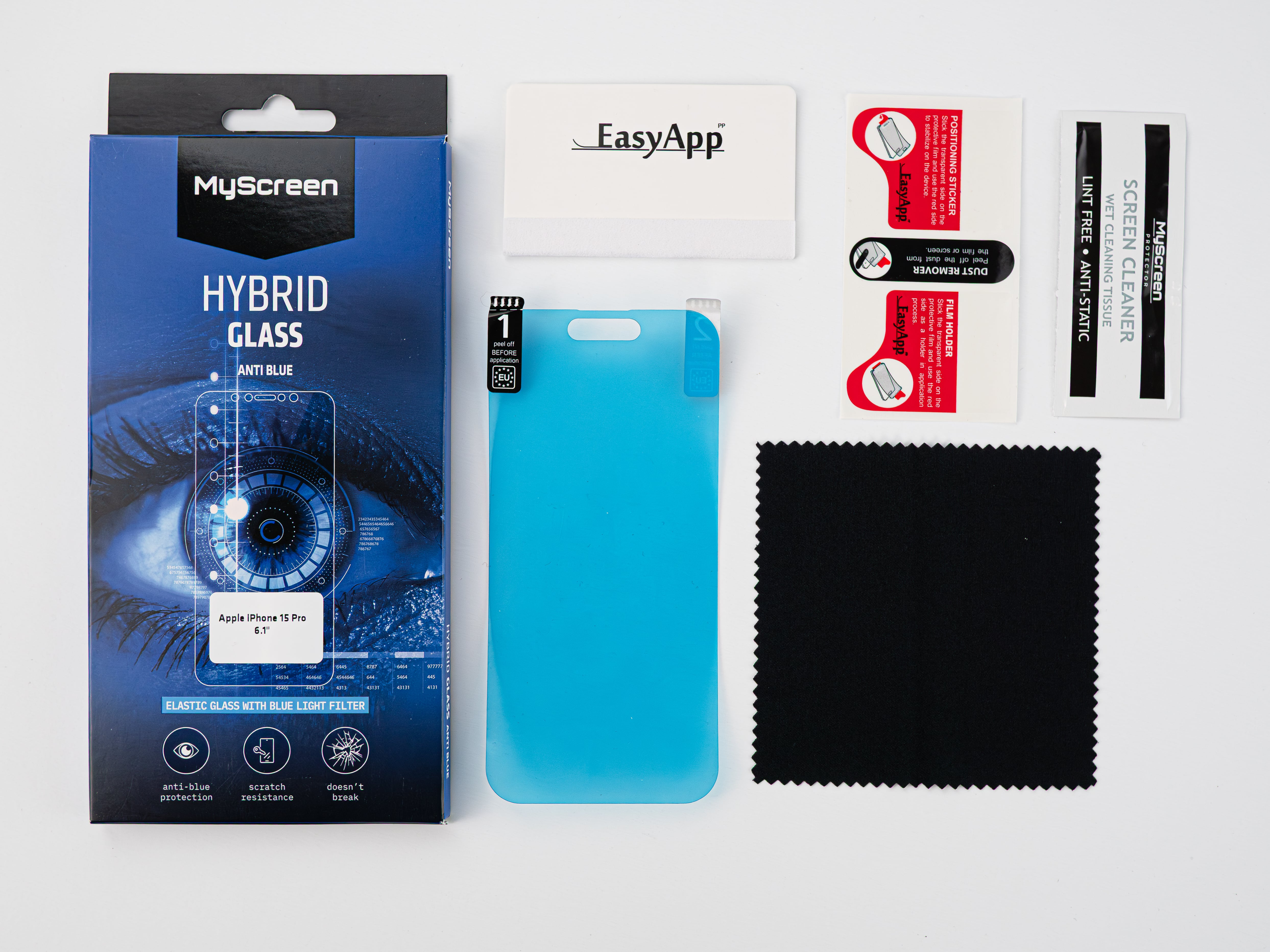 Zestaw szkła hybrydowego MyScreen do iPhone 15 Pro z folią, zestawem czyszczącym i akcesoriami.