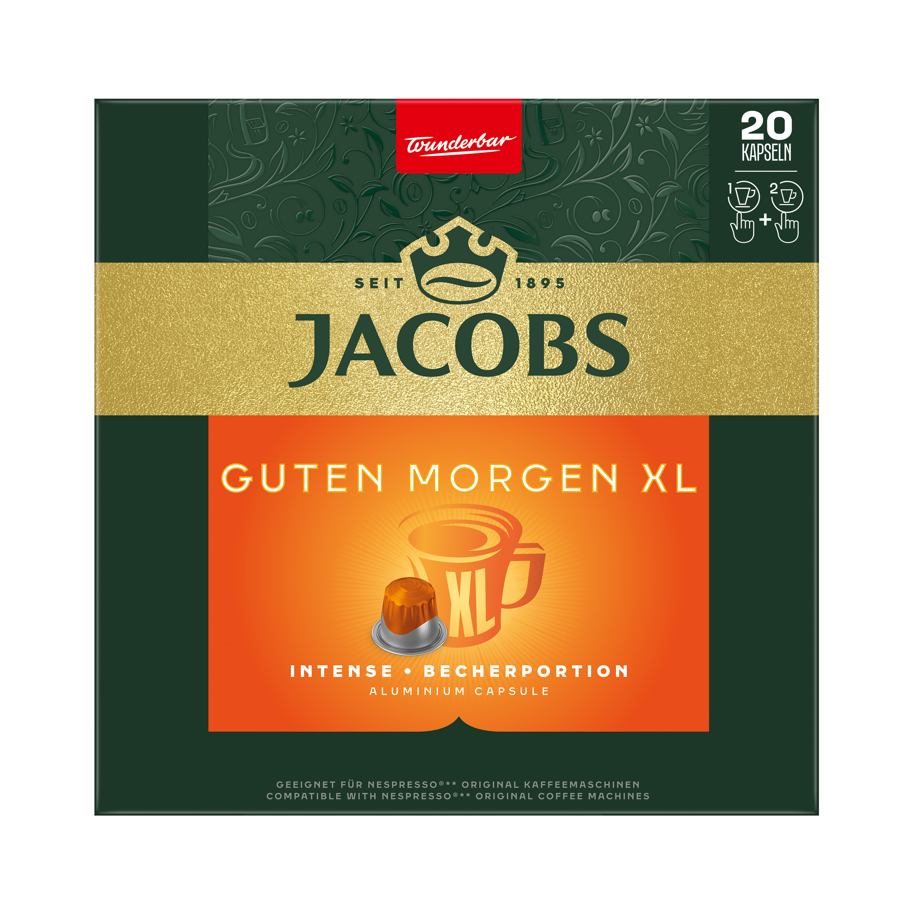Grüne Jacobs Kaffeekapselverpackung Guten Morgen XL mit goldener Aufschrift und Kaffeetasse.