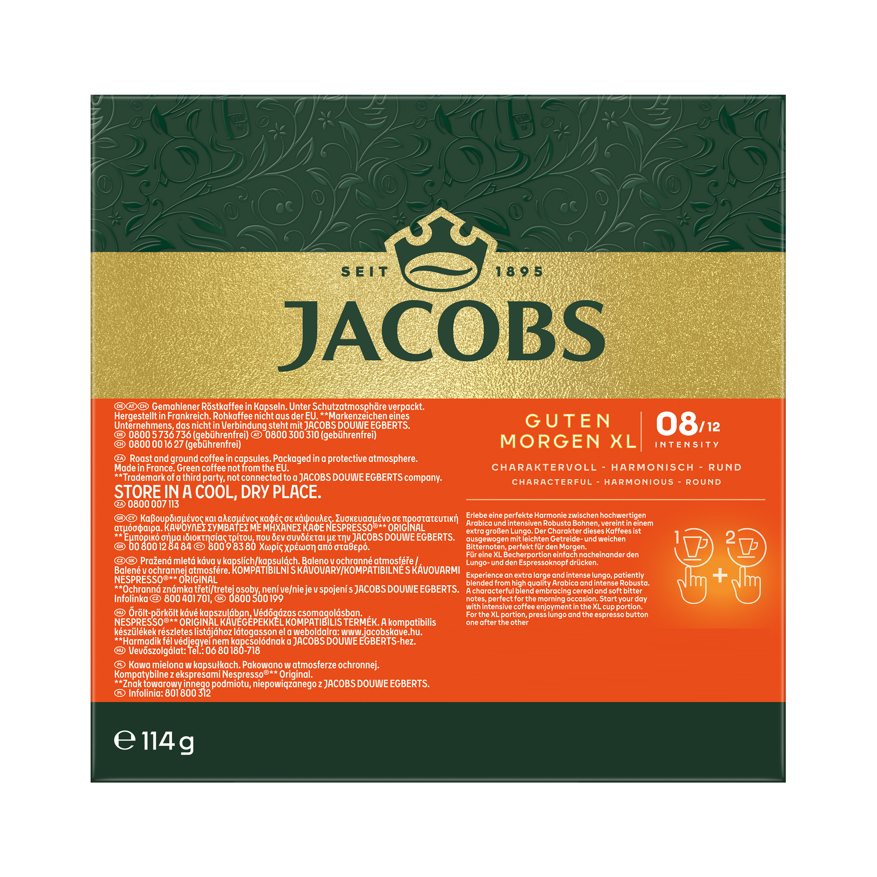 Jacobs Kaffee Kapselverpackung in Grün und Gold mit Texten, Crown Logo und Stärke 08/12.