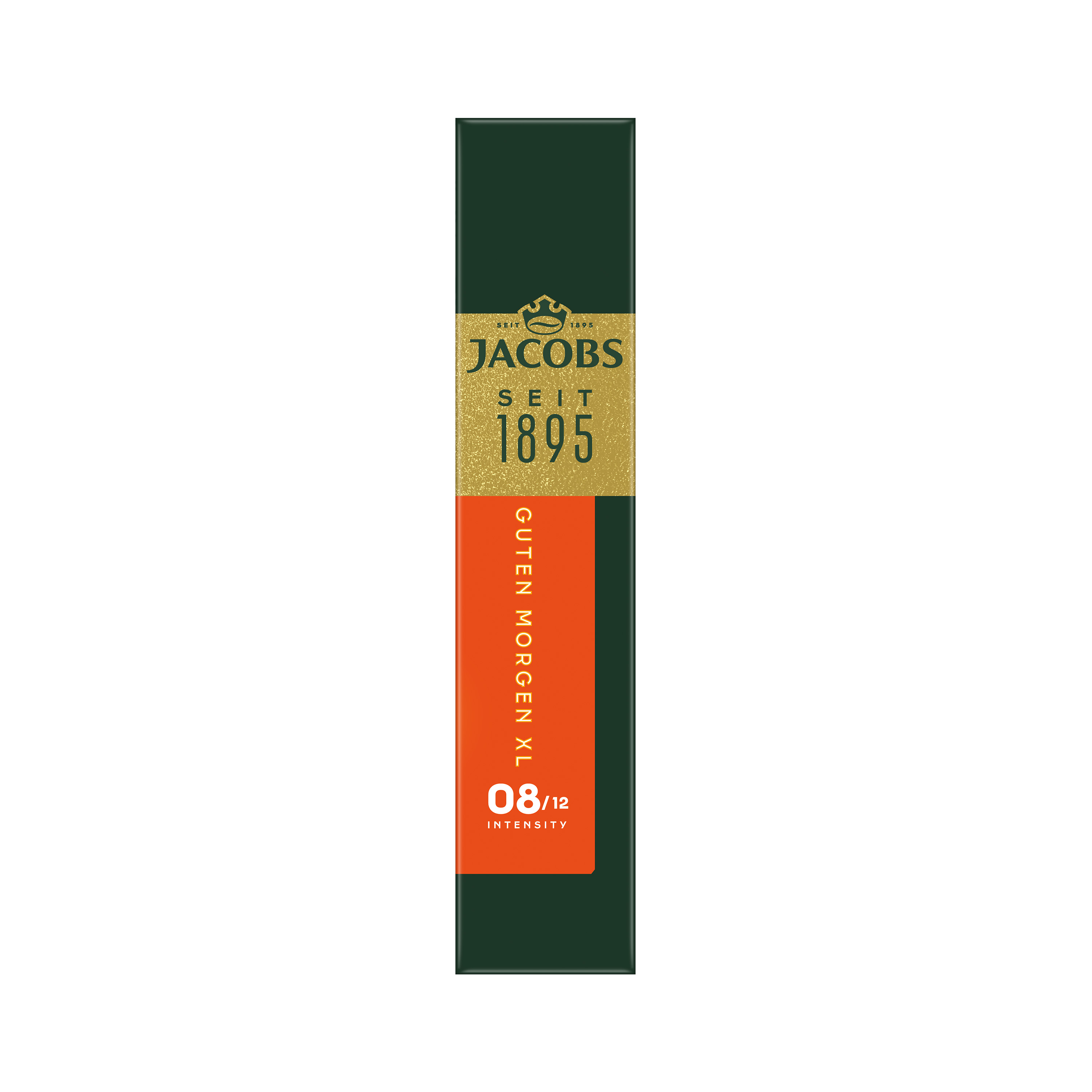 Grüne Jacobs Kaffeekapselpackung mit goldenem Logo und oranger Aufschrift Guten Morgen XL, Intensität 8 von 12.