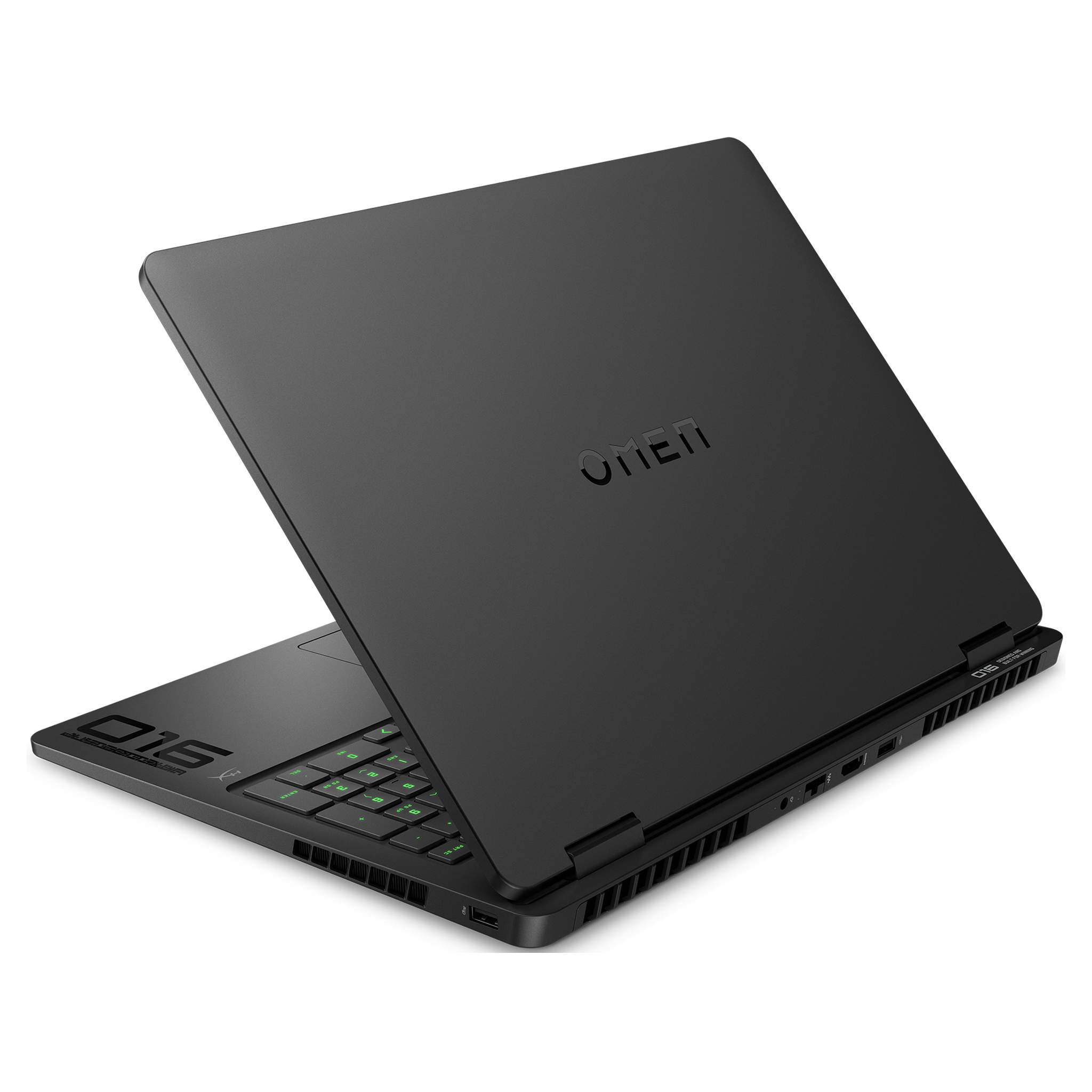 Beyaz arka planda siyah bir HP Omen 16 dizüstü bilgisayar, kapalı kapağında Omen logosu var.