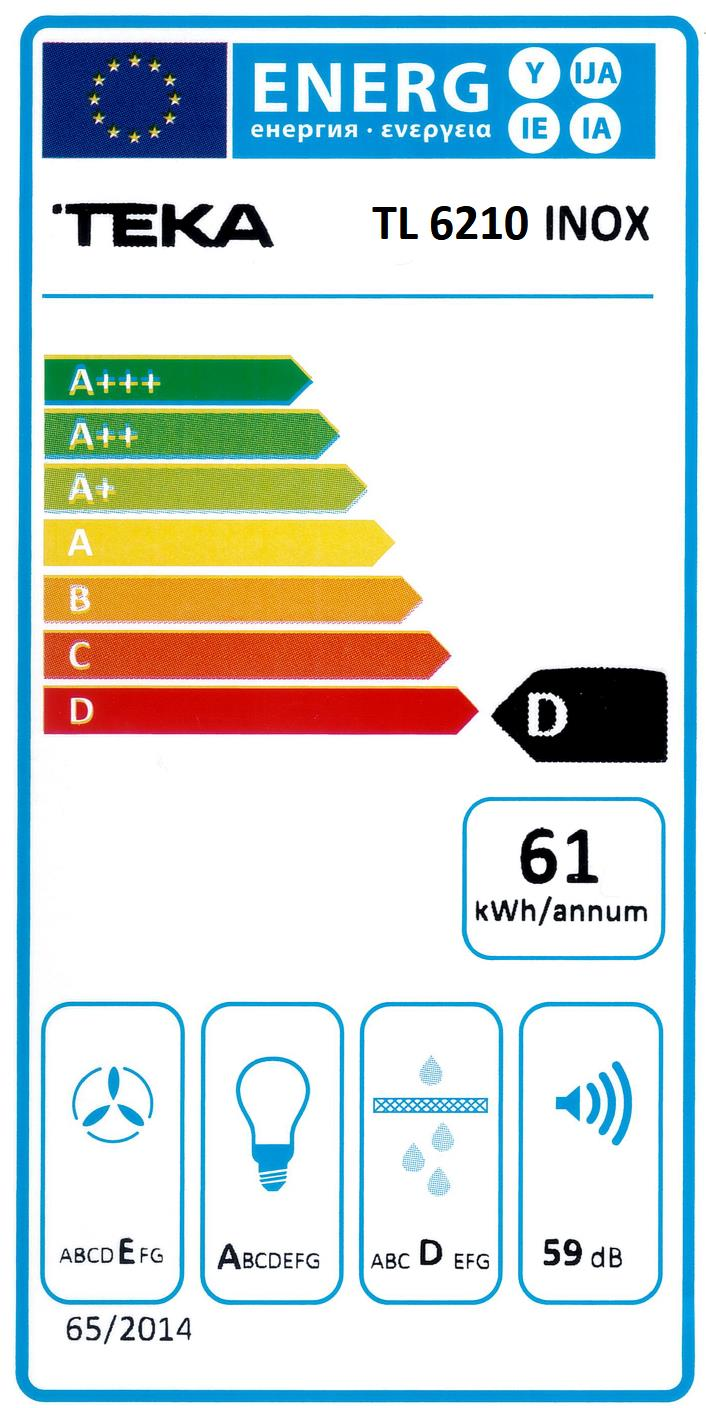 Teka TL 6210 Inox için D sınıfı ve yıllık 61 kWh enerji etiketidir.