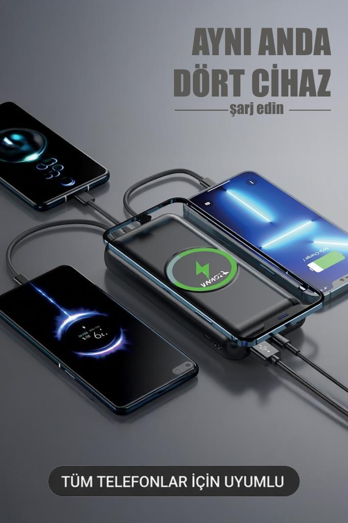 Bir taşınabilir şarj cihazı, kablolarla ve yeşil gösterge ışığıyla dört akıllı telefonu aynı anda şarj ediyor.