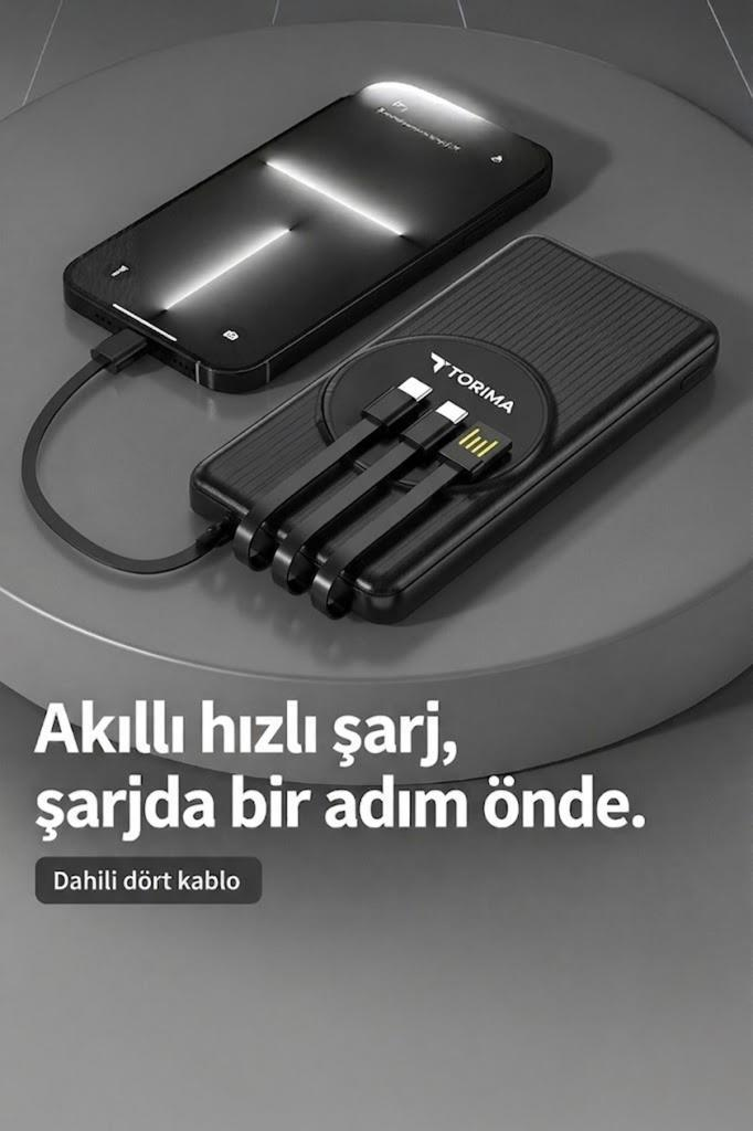 Gri zemin üzerinde dört dahili şarj kablosuna sahip siyah powerbank akıllı telefonu şarj ediyor.