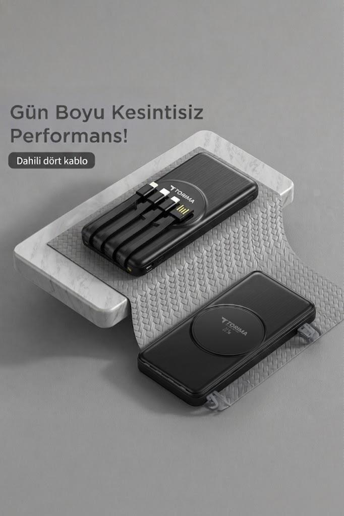 Gri dokulu paspas ve mermer stand üzerinde iki siyah Torima taşınabilir şarj cihazı.