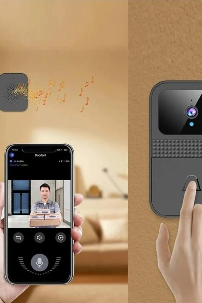 Bir el görüntülü kapı zilini çalarken akıllı telefon canlı videoda bir kuryeyi gösteriyor ve müzik çalıyor.